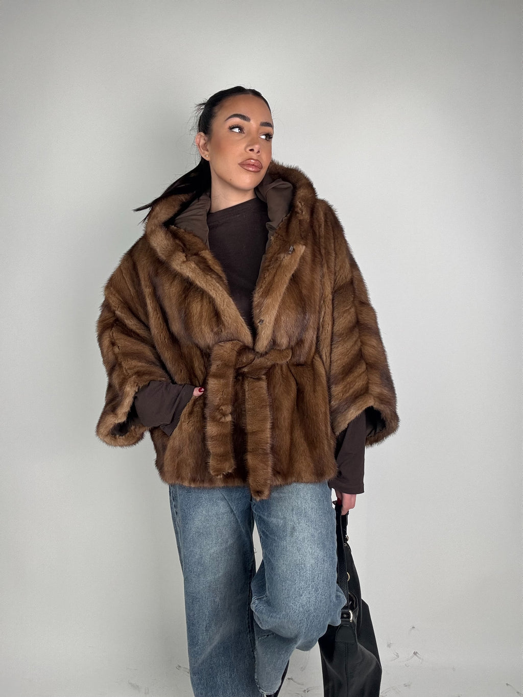 Mink jacket with belt and hood