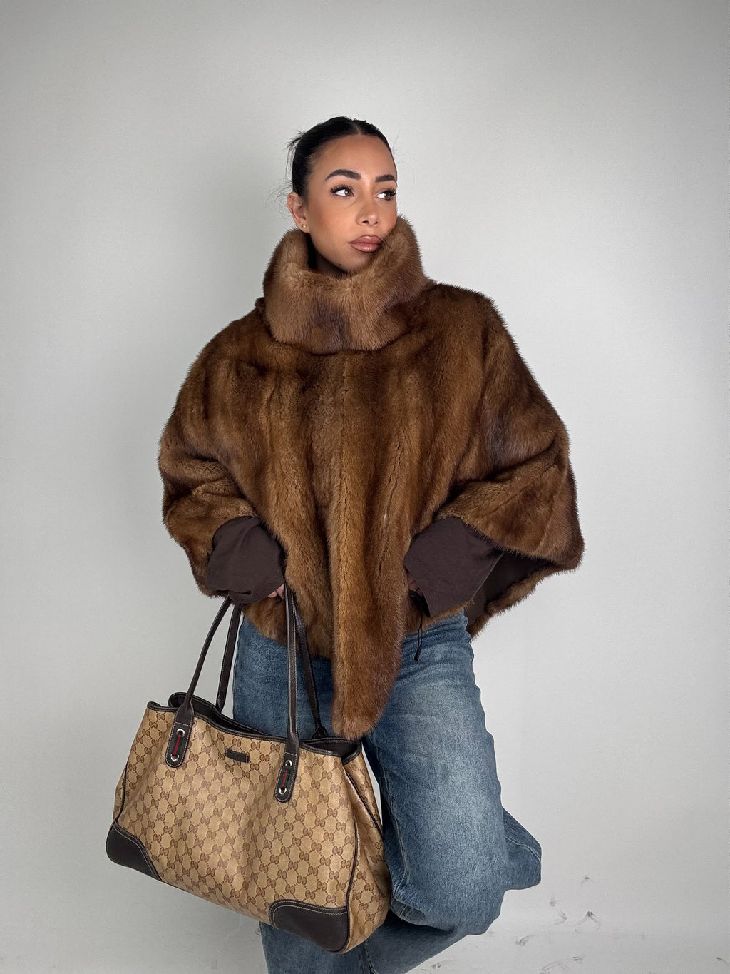 Mink jacket with belt and hood