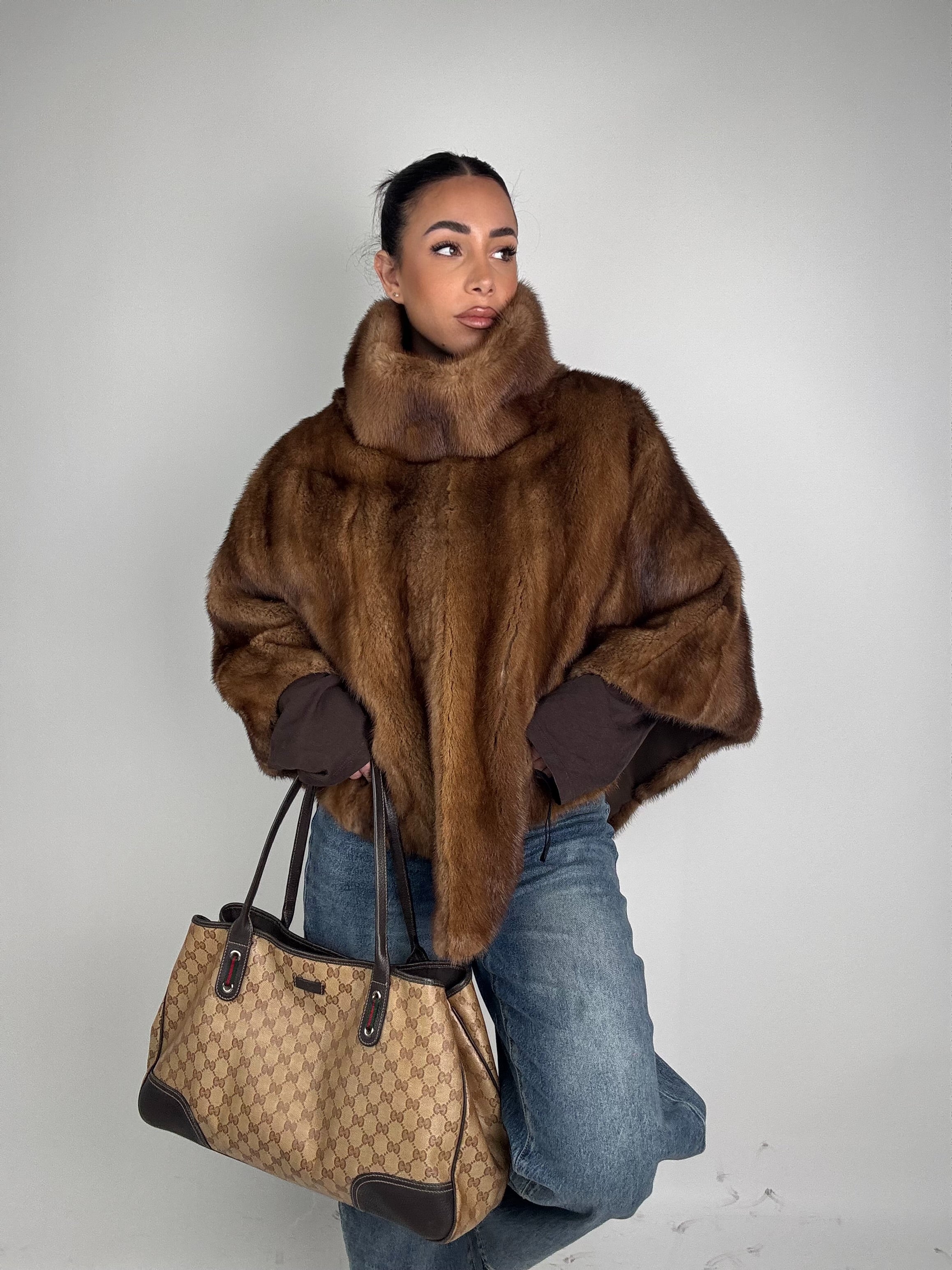 Mink jacket with belt and hood