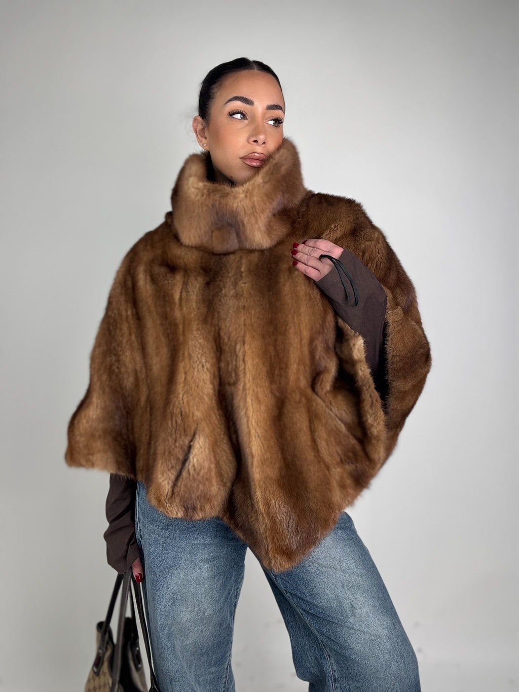 Mink jacket with belt and hood