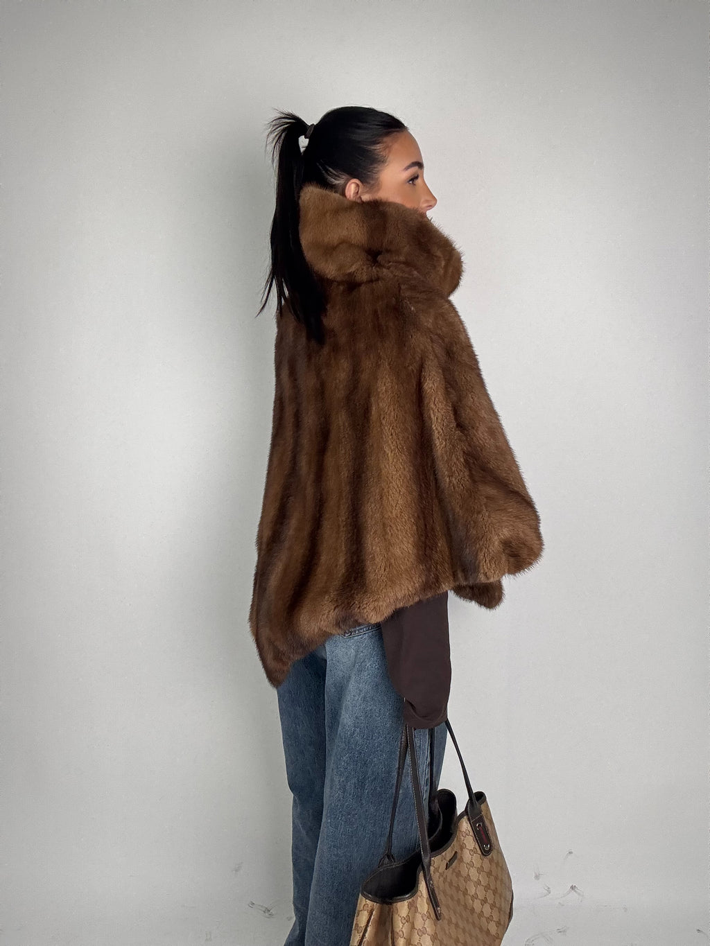 Mink jacket with belt and hood