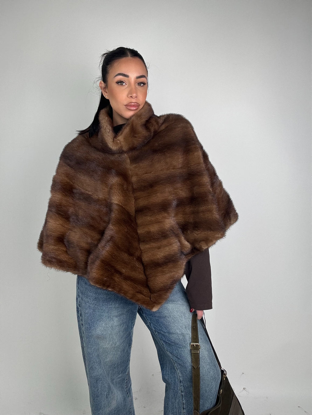 Mink jacket with belt and hood