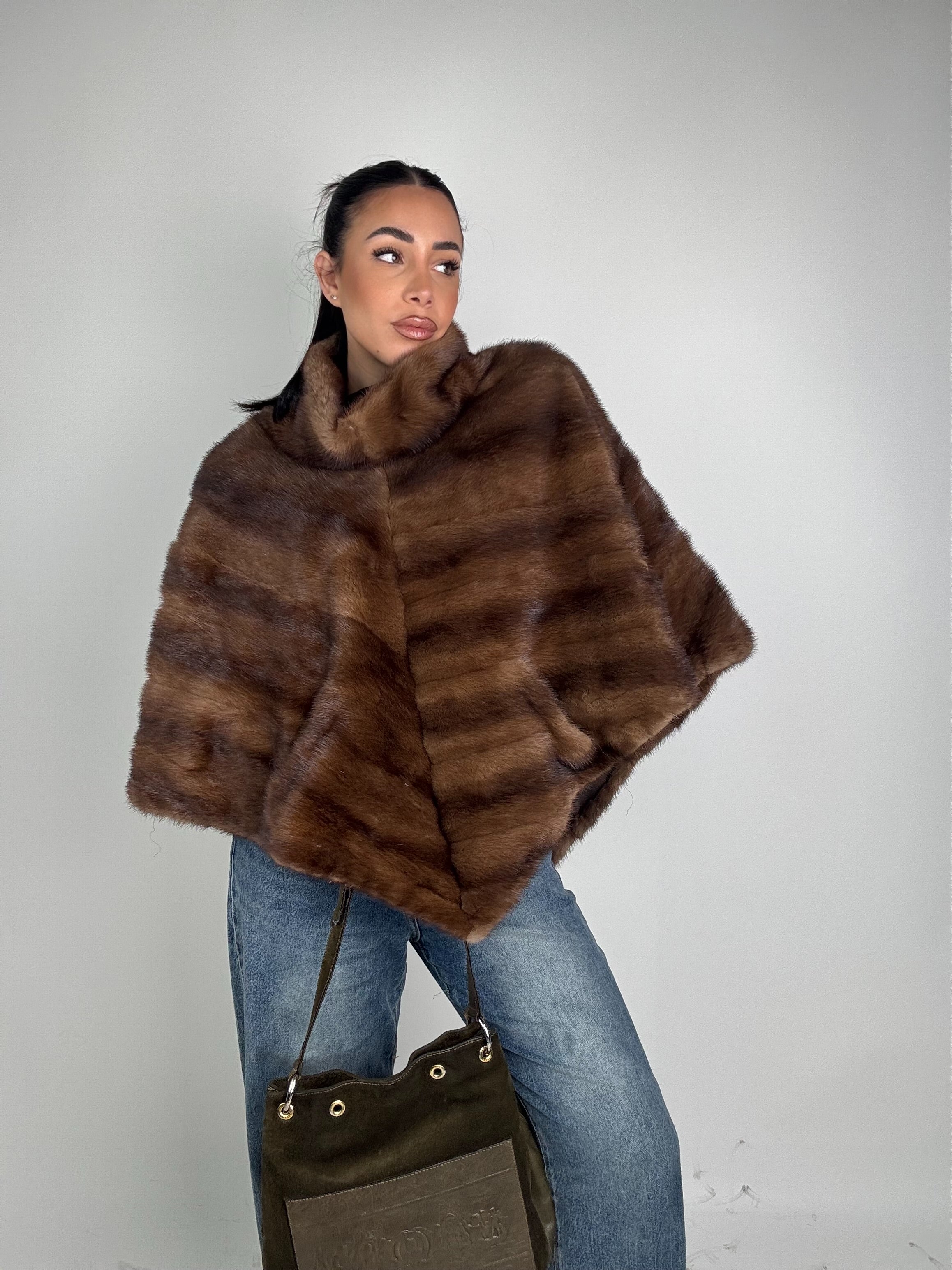 Mink jacket with belt and hood
