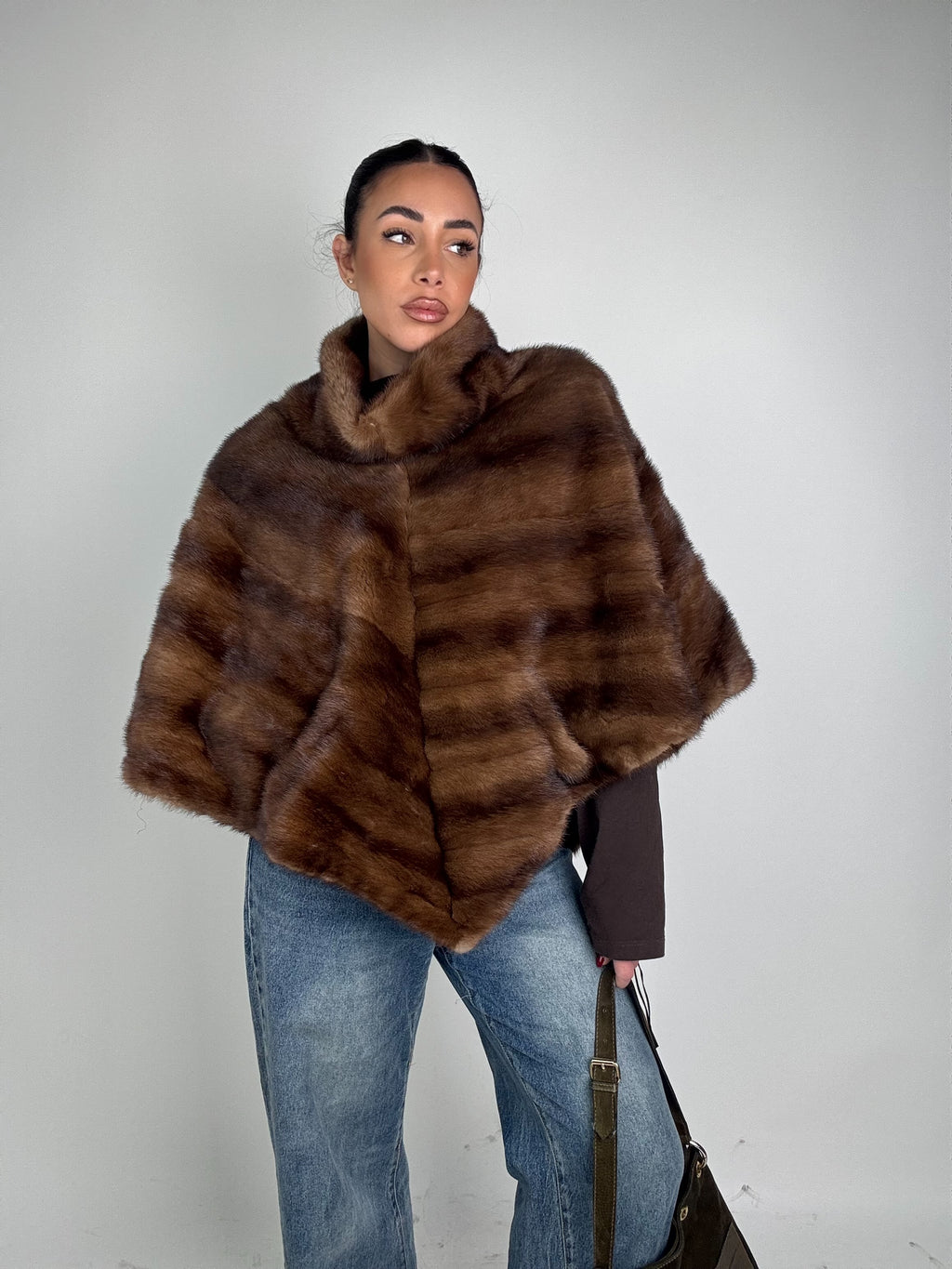 Mink jacket with belt and hood