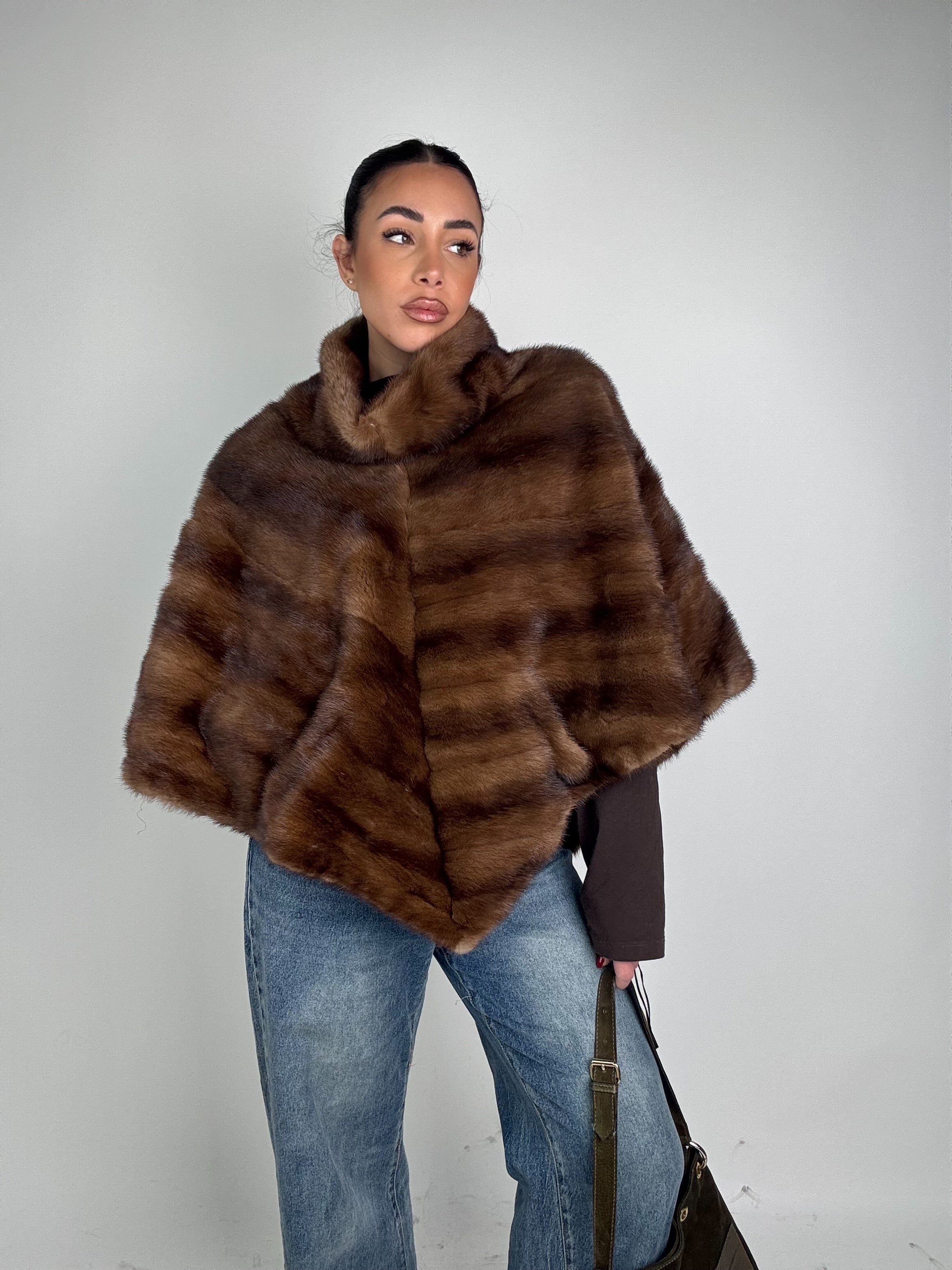 Mink jacket with belt and hood