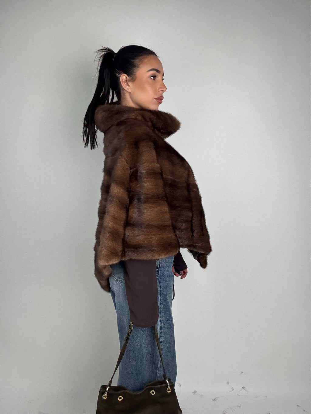 Mink jacket with belt and hood