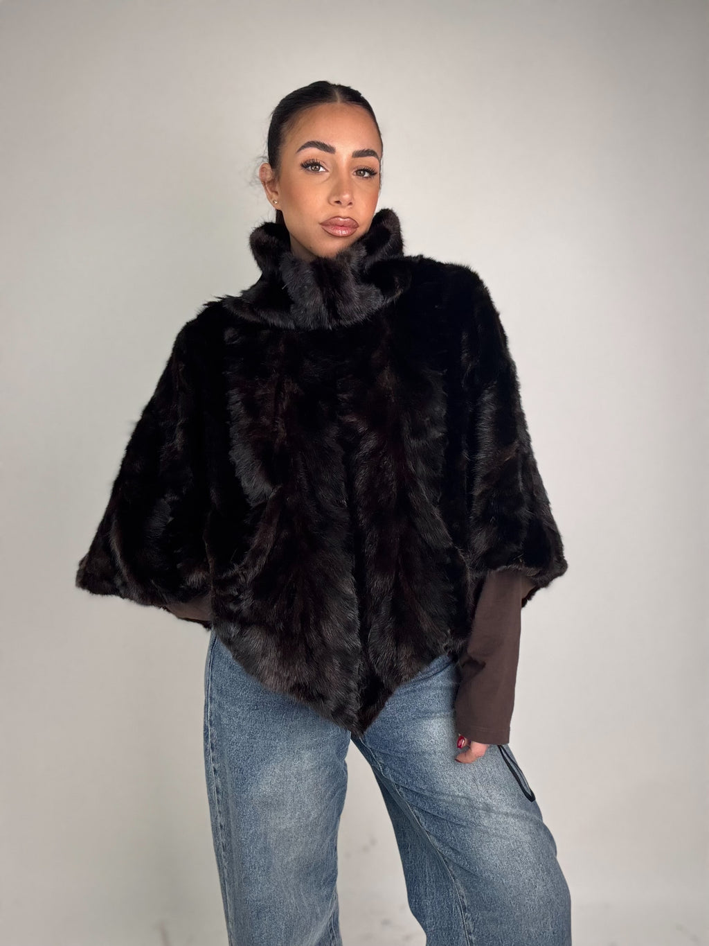 Mink jacket with belt and hood