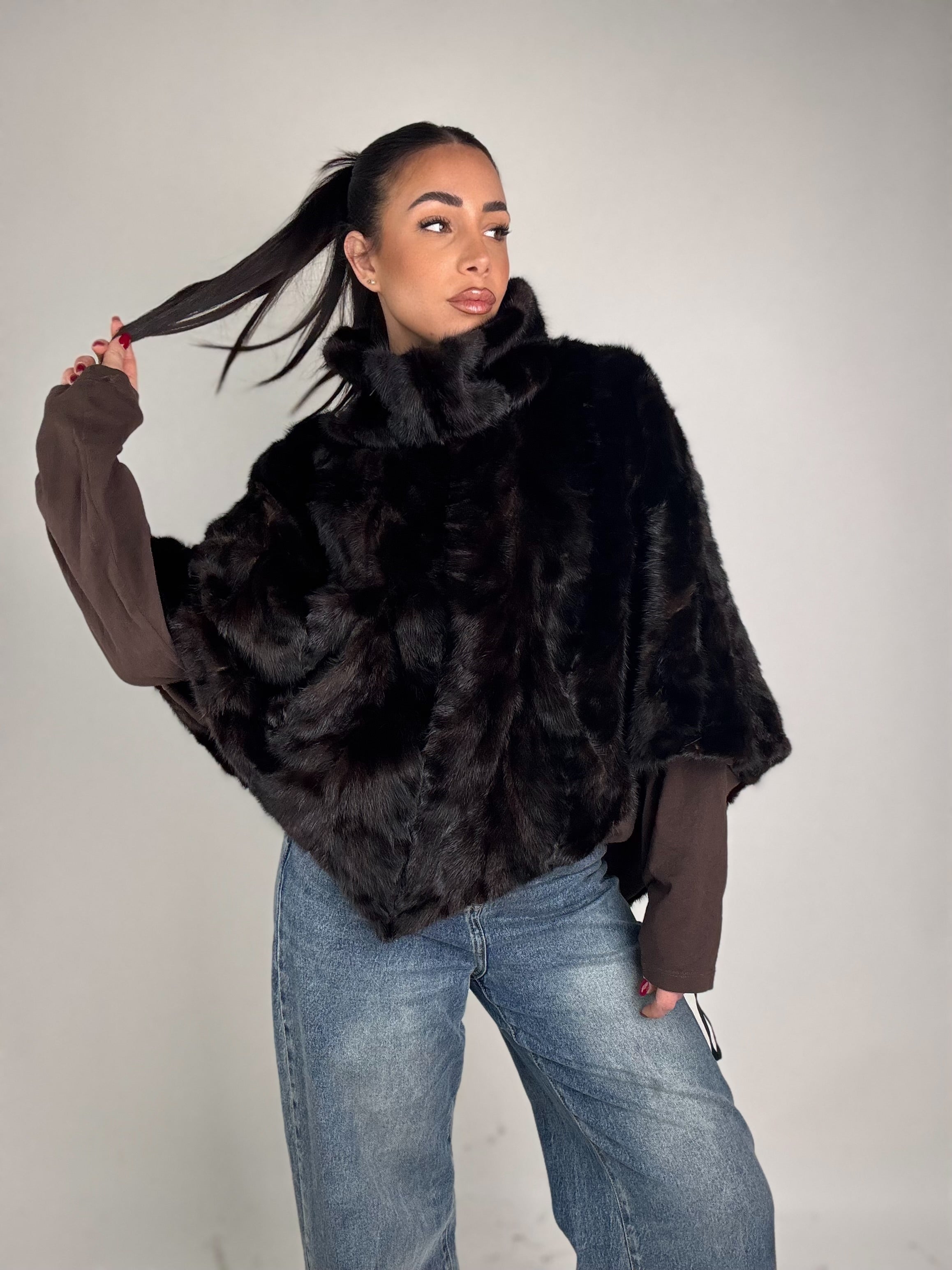 Mink jacket with belt and hood