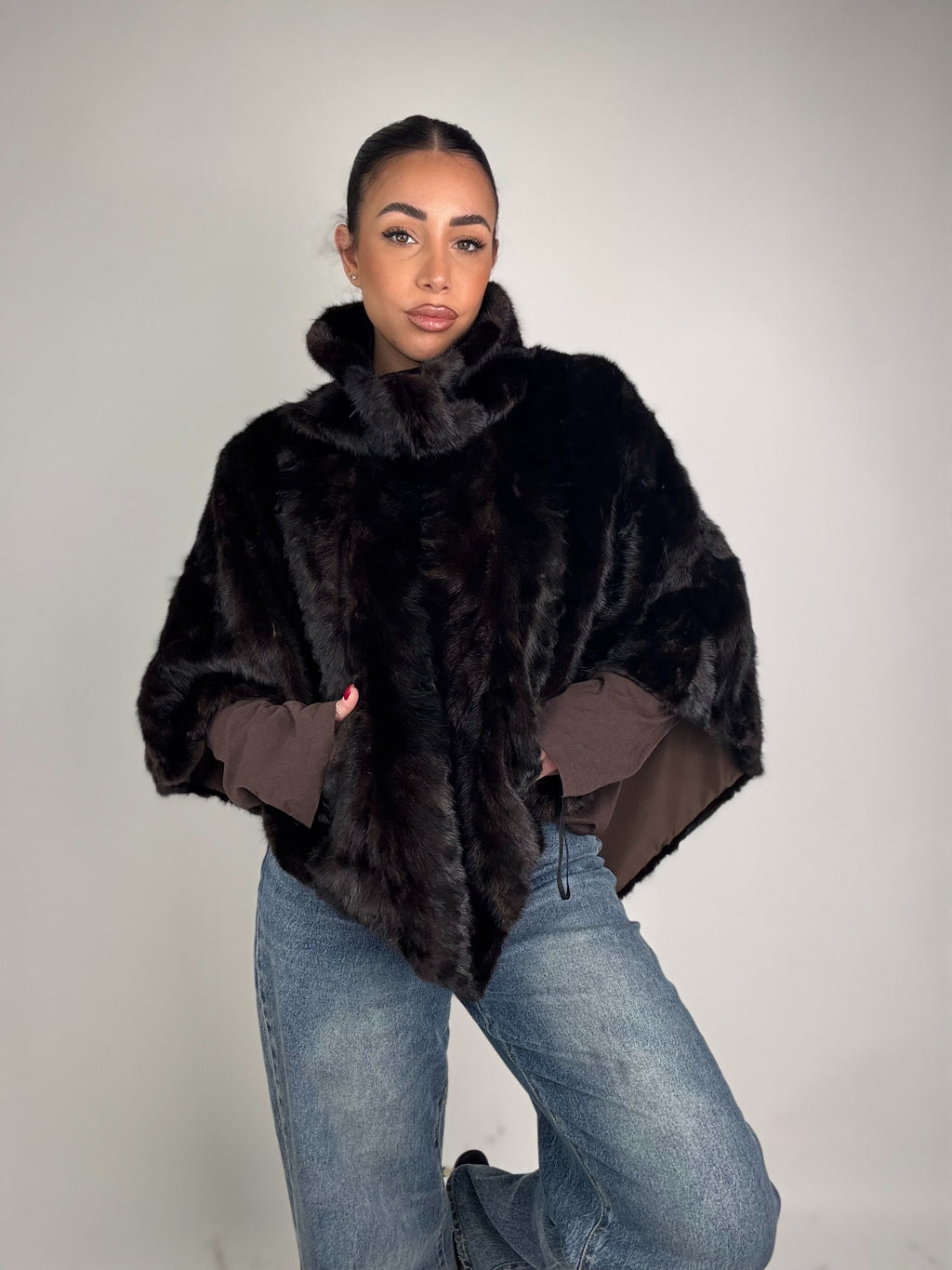 Mink jacket with belt and hood