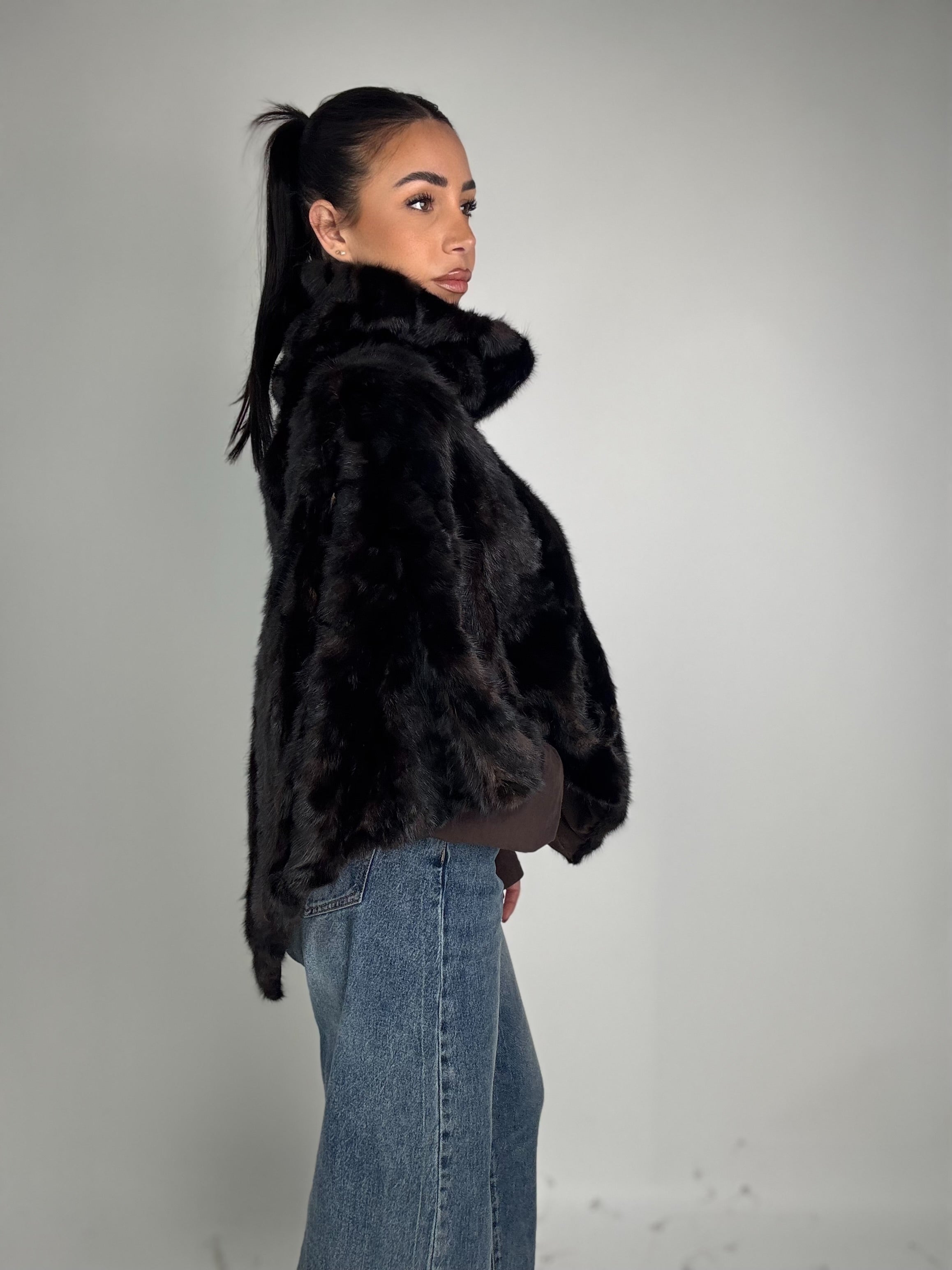 Mink jacket with belt and hood