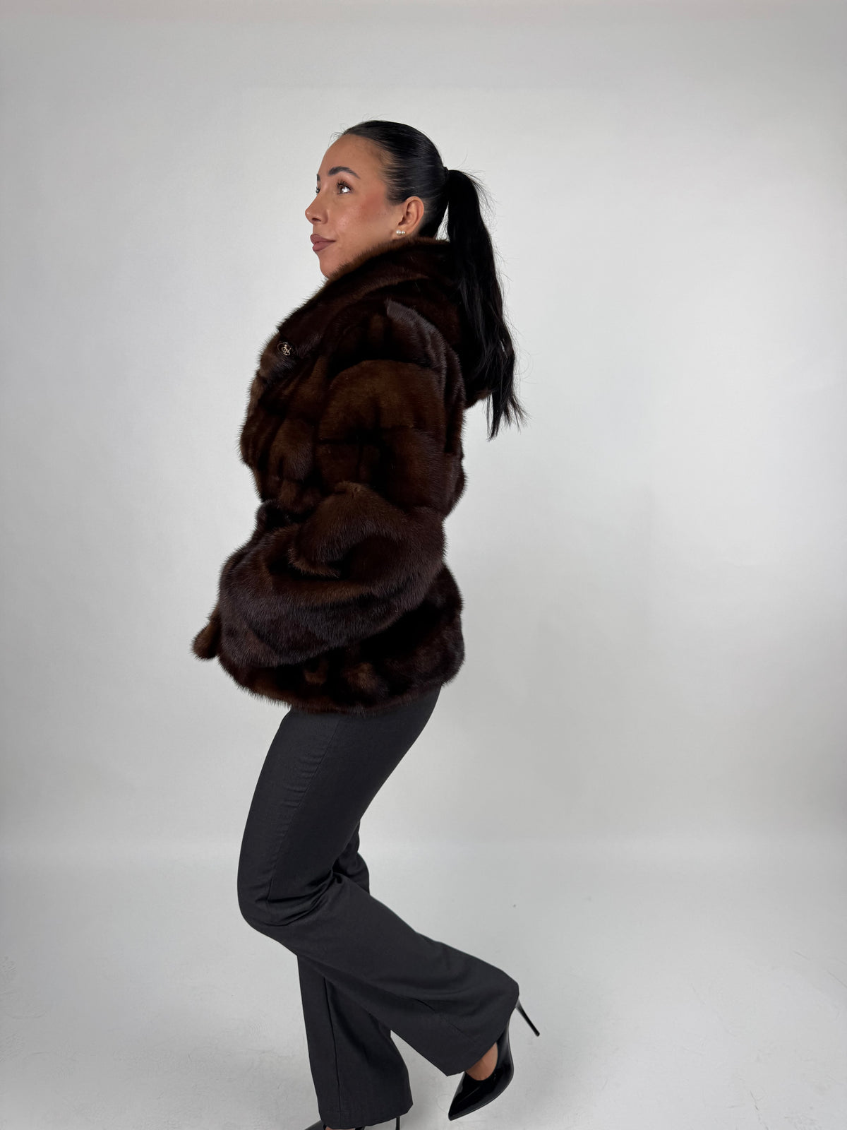 Mink jacket with belt and hood