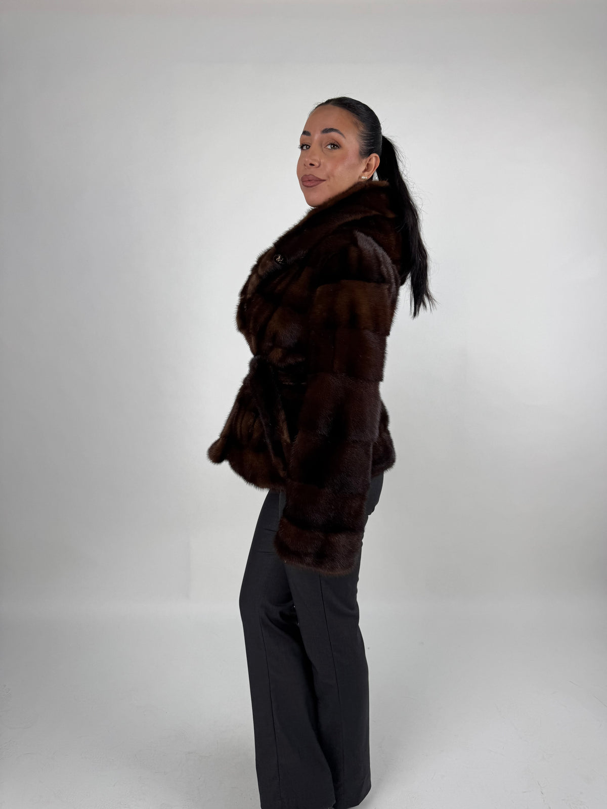 Mink jacket with belt and hood