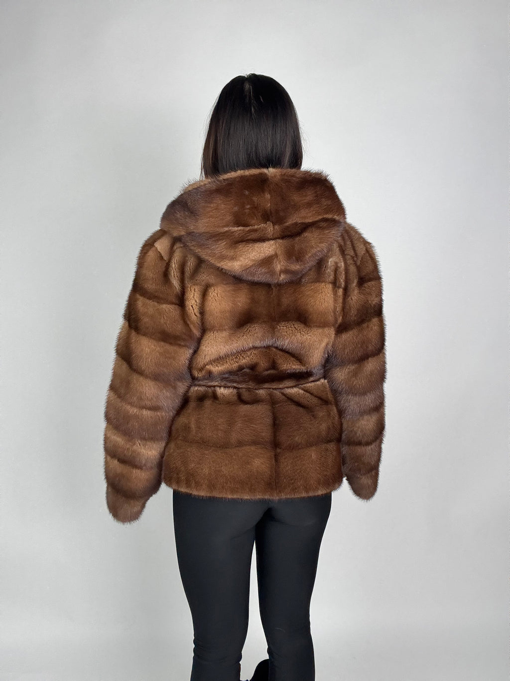Mink jacket with belt and hood