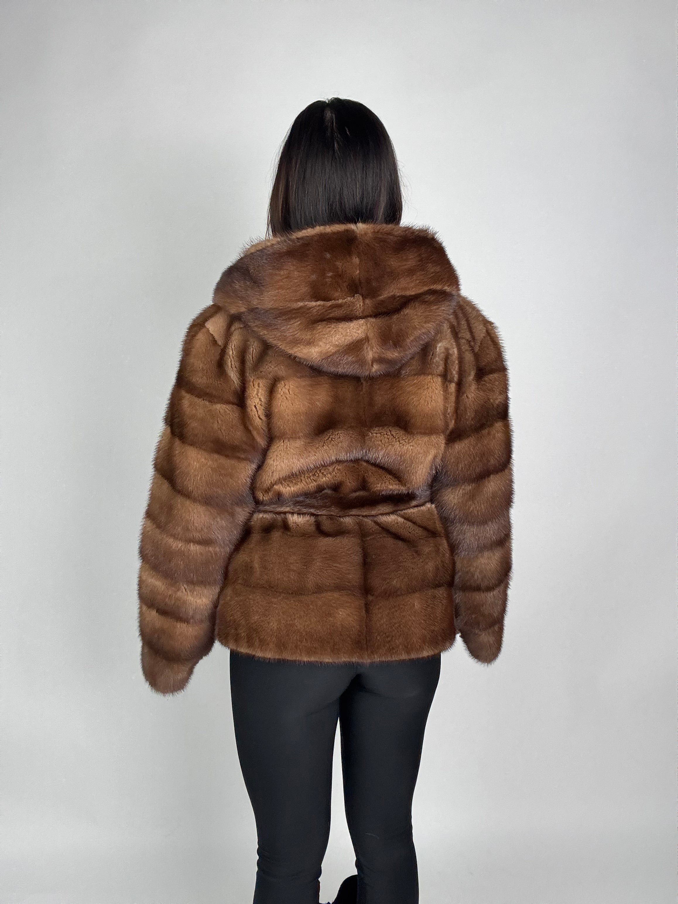 Mink jacket with belt and hood