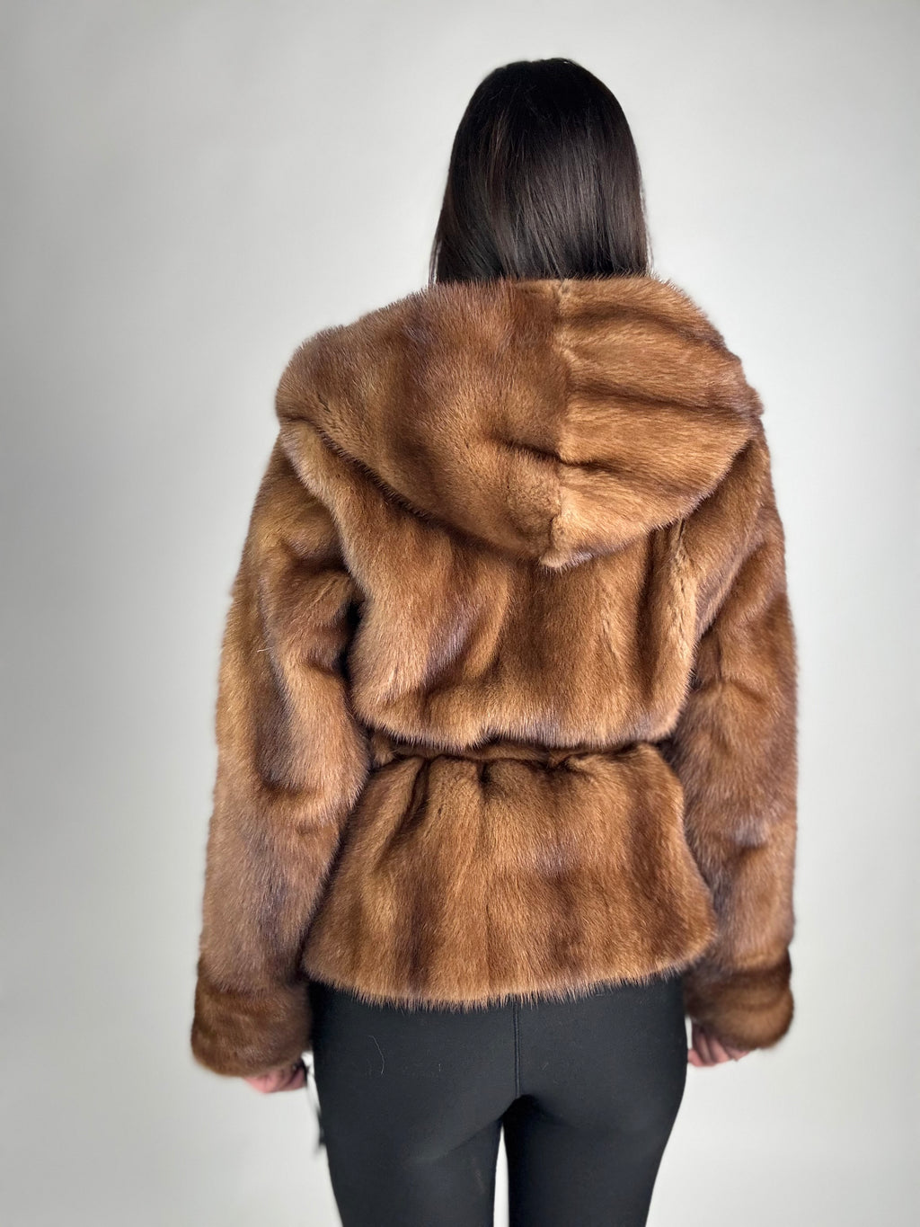 Mink jacket with belt and hood