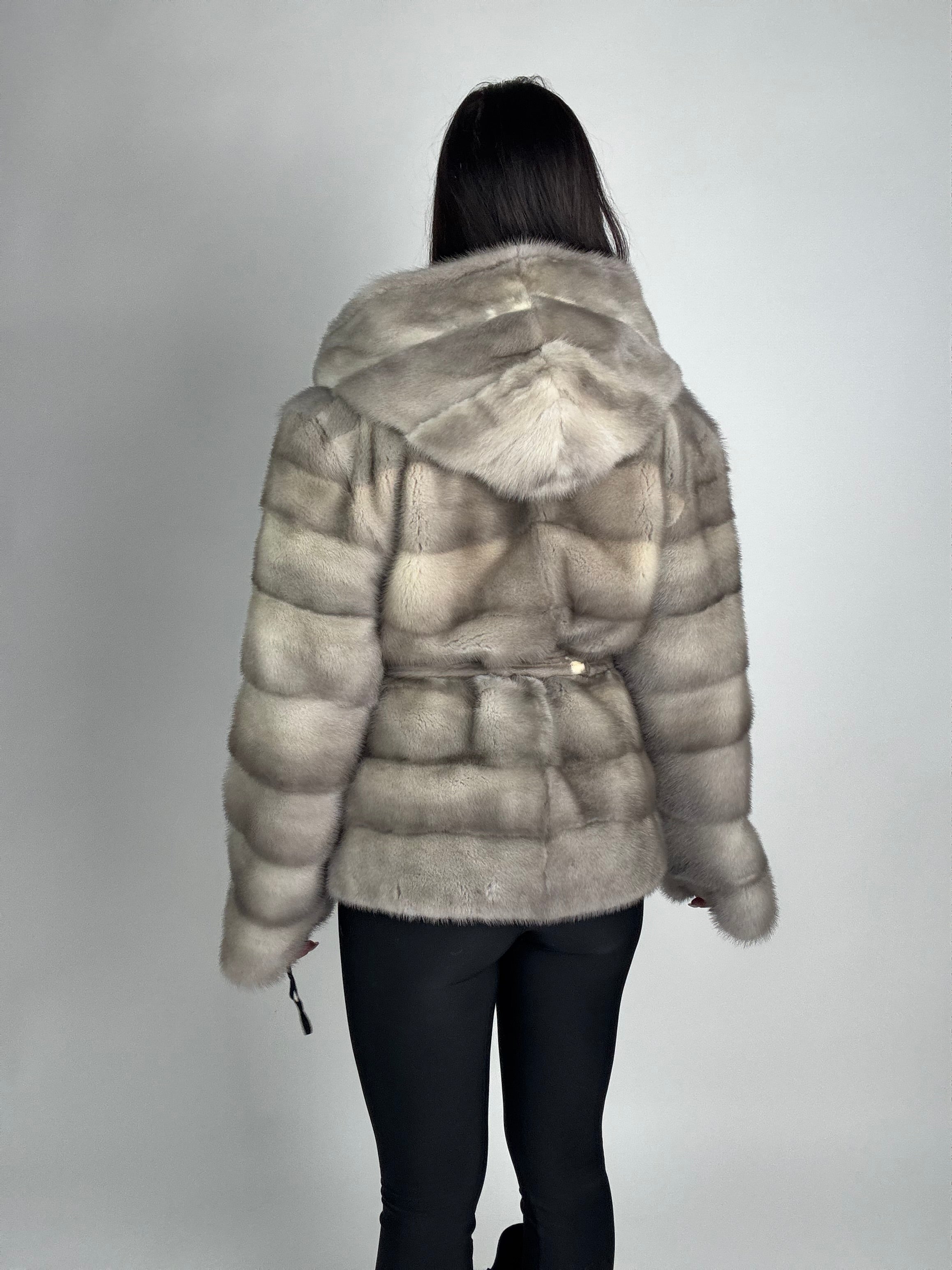 Mink jacket with belt and hood