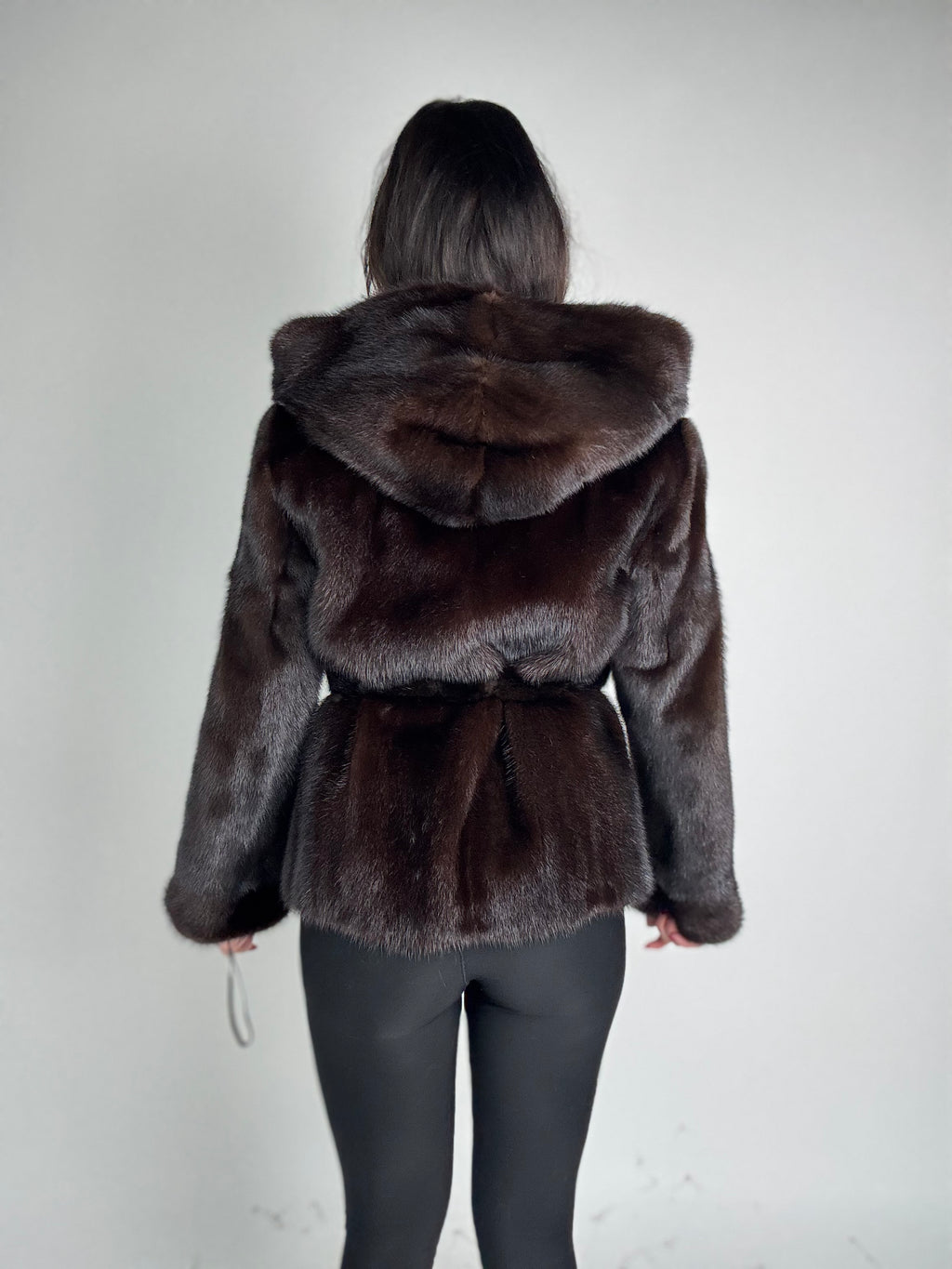 Mink vest with belt and hood