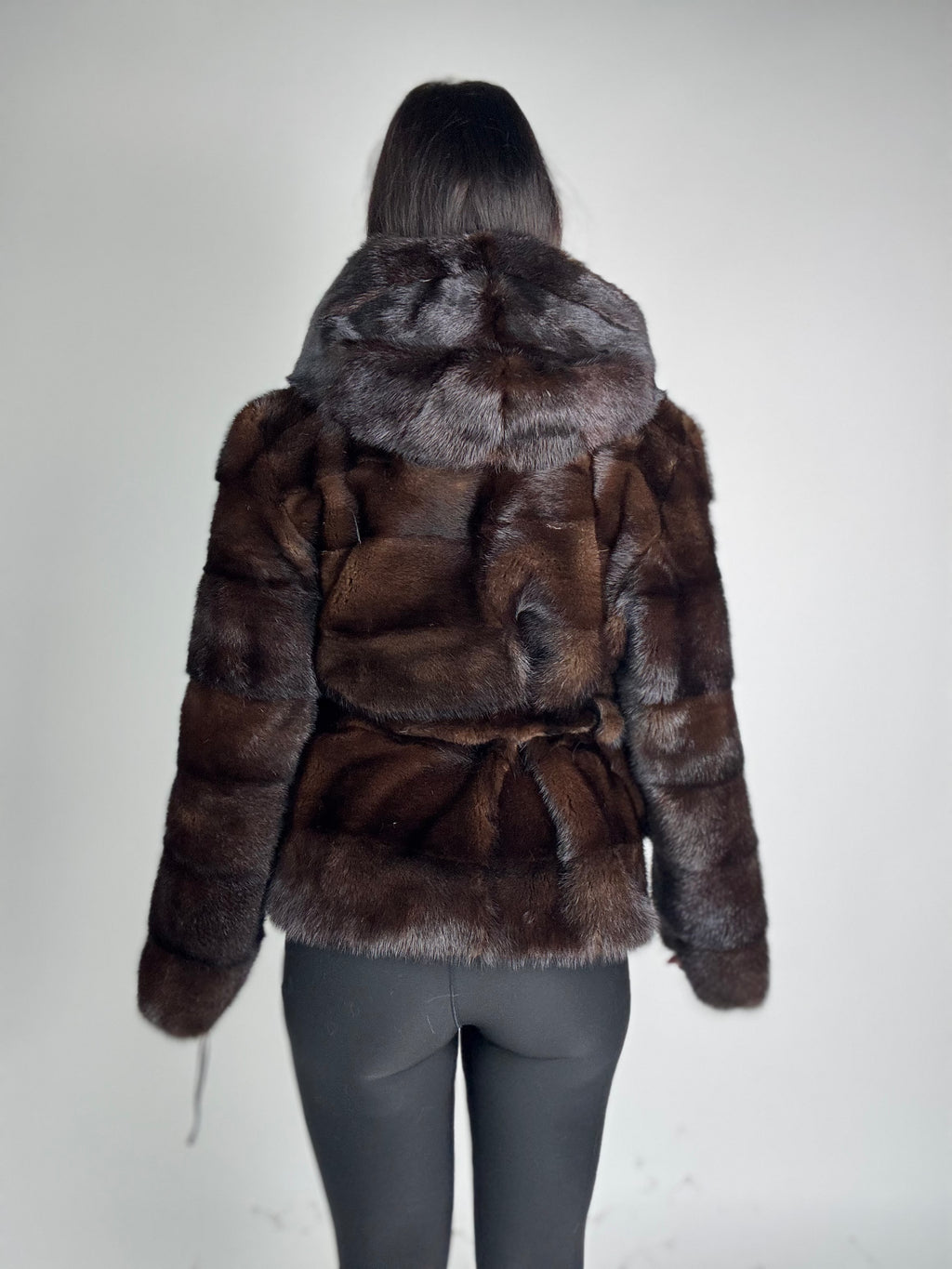 Mink jacket with belt and hood