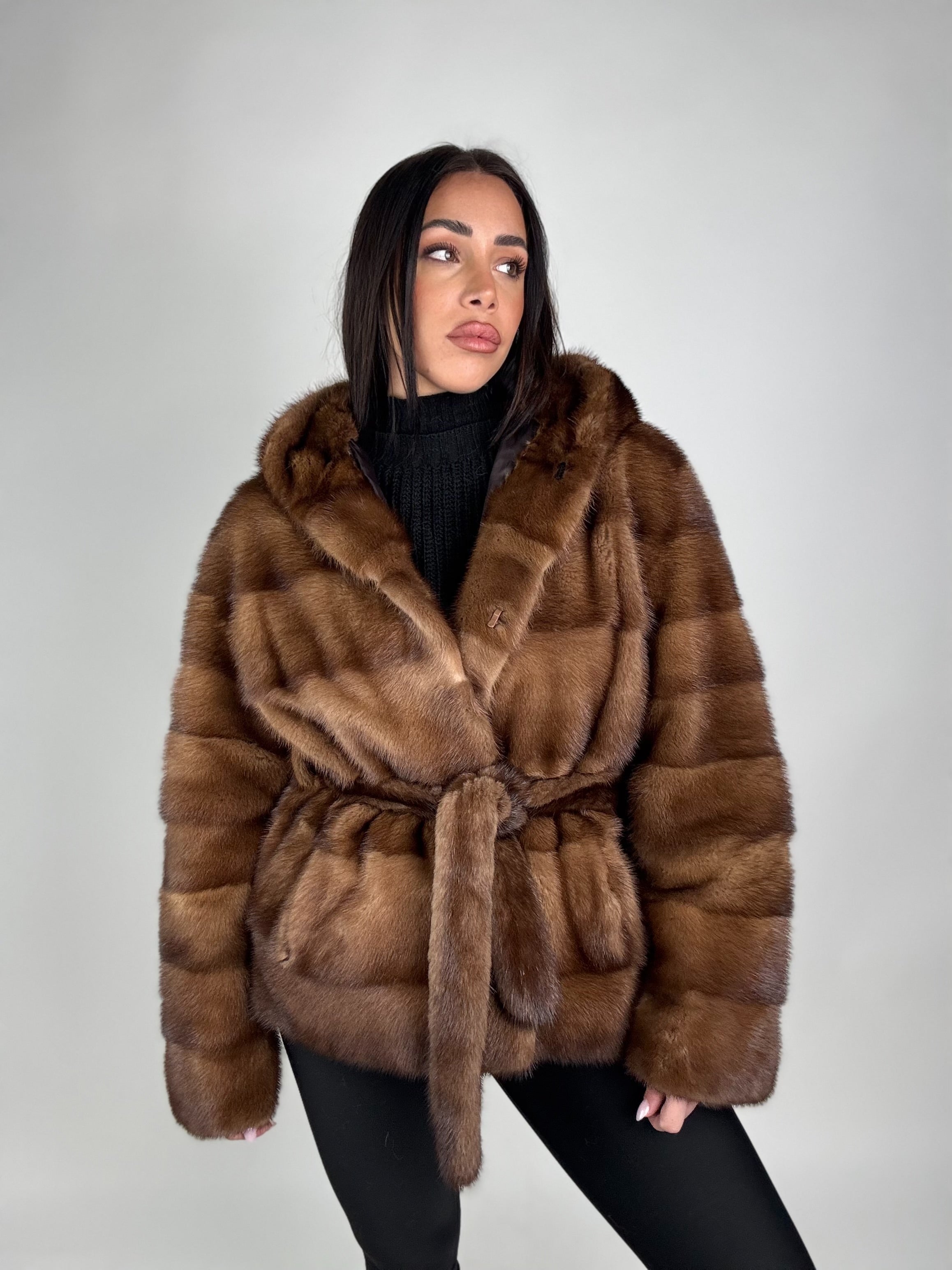 Mink jacket with belt and hood