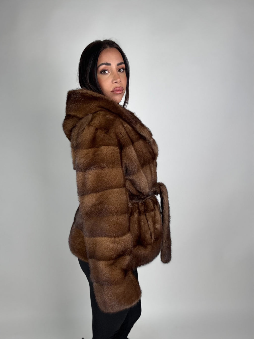 Mink jacket with belt and hood