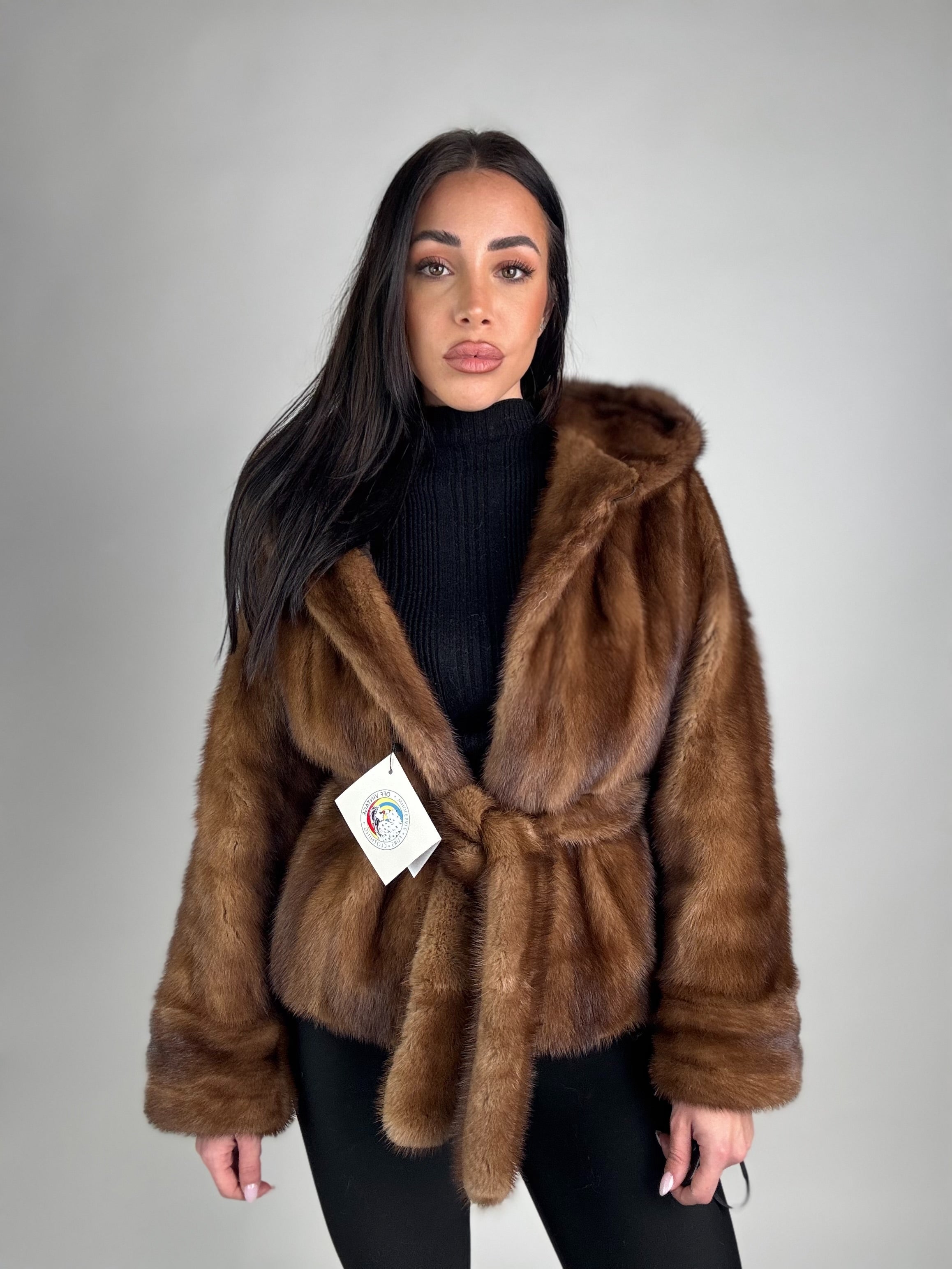 Mink jacket with belt and hood