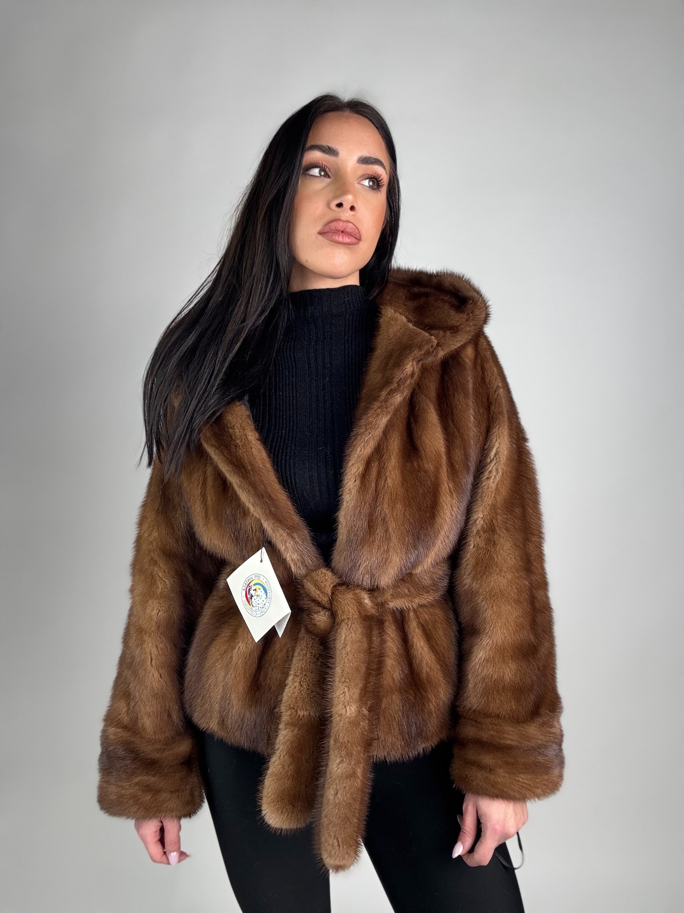 Mink jacket with belt and hood