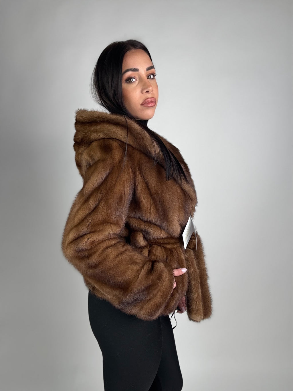 Mink jacket with belt and hood