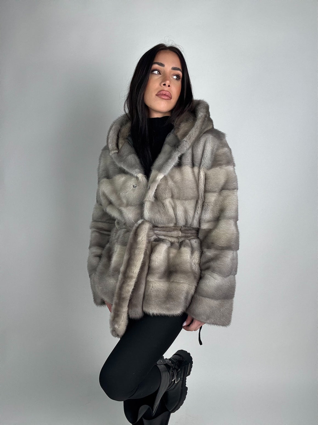 Mink jacket with belt and hood