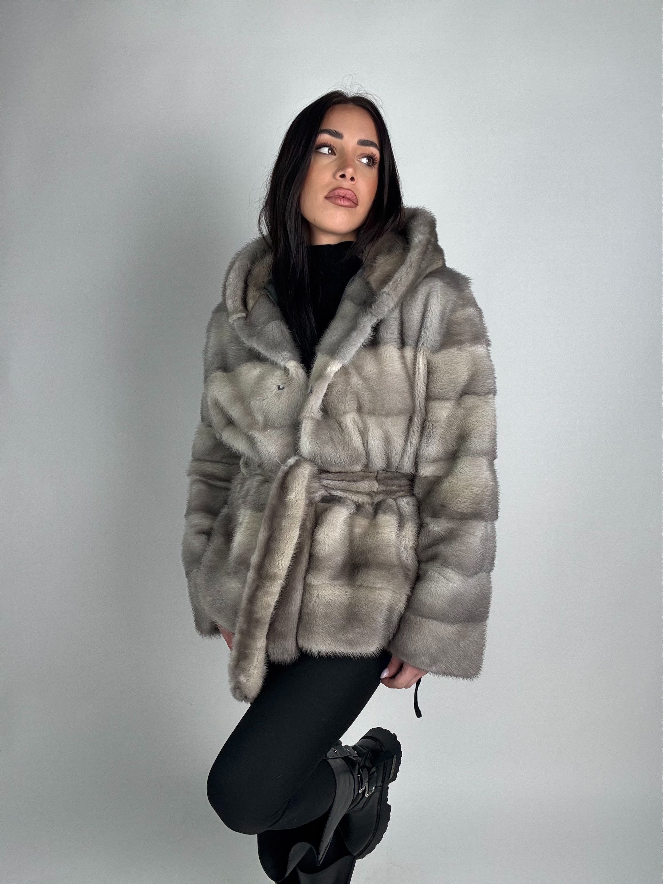 Mink jacket with belt and hood