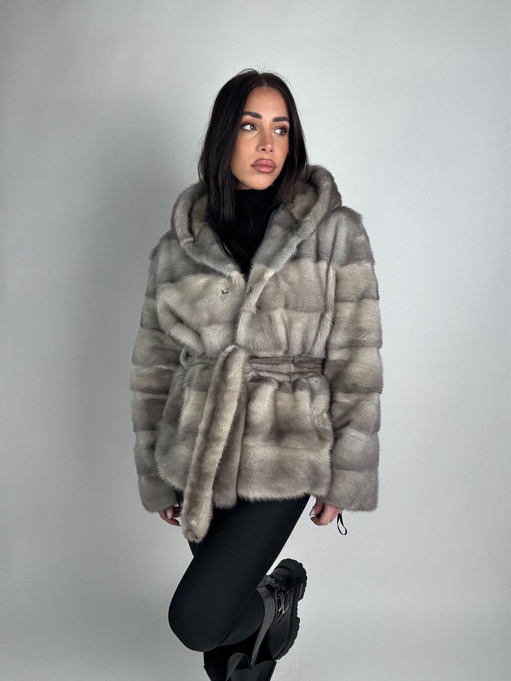 Mink jacket with belt and hood