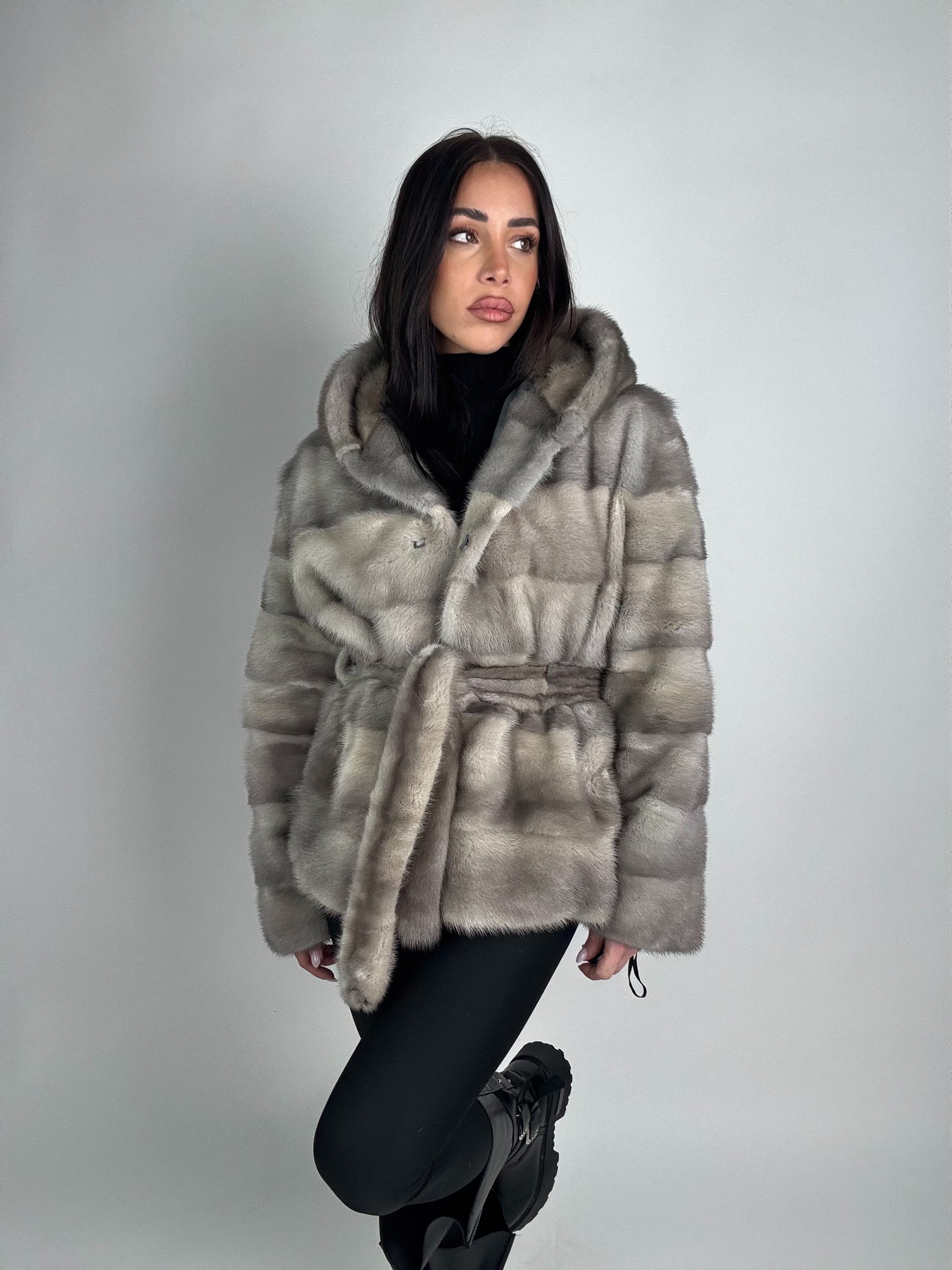Mink jacket with belt and hood