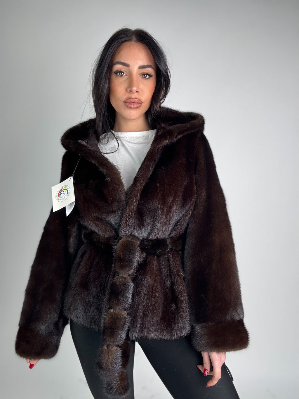 Mink vest with belt and hood