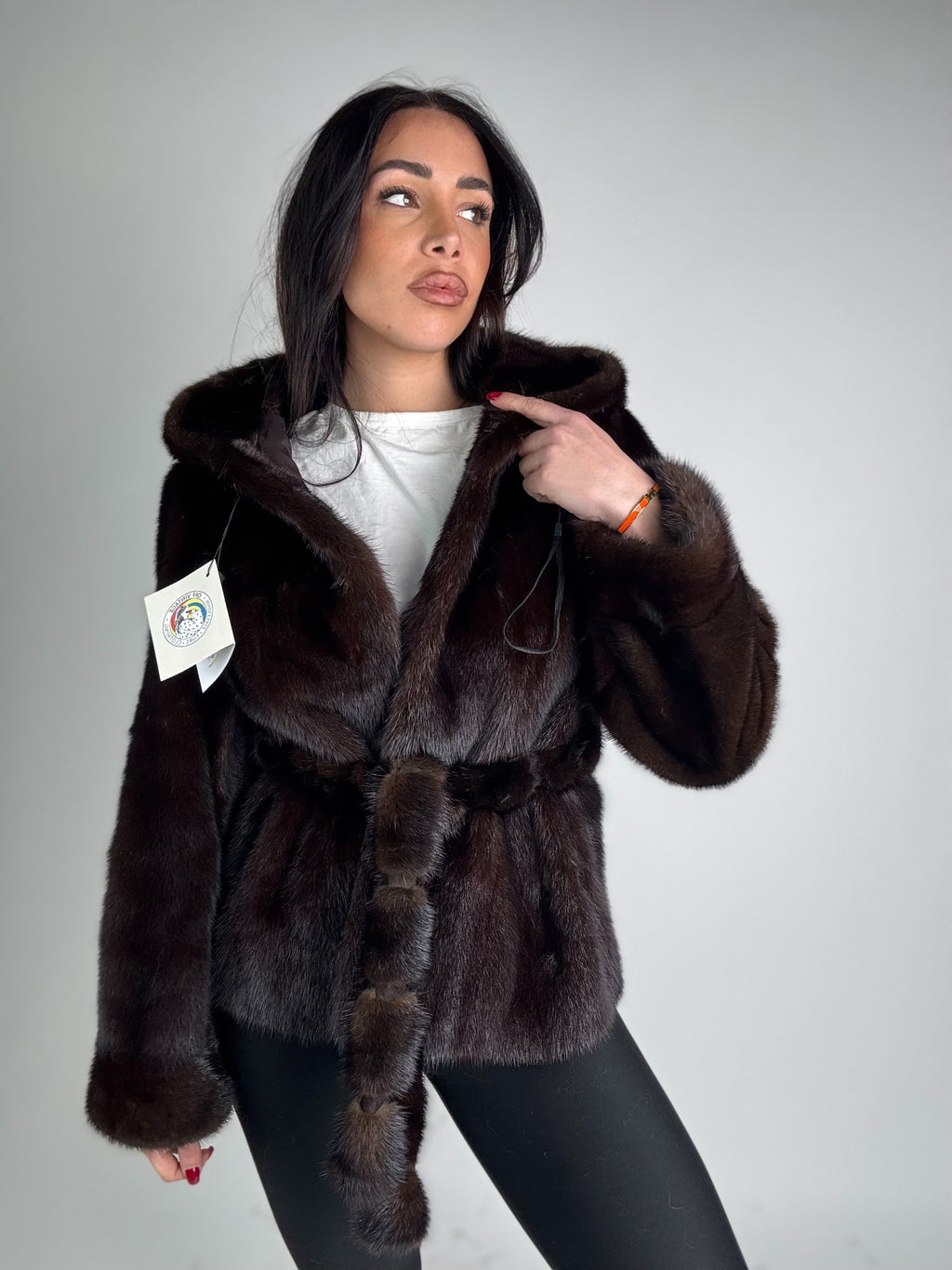 Mink vest with belt and hood