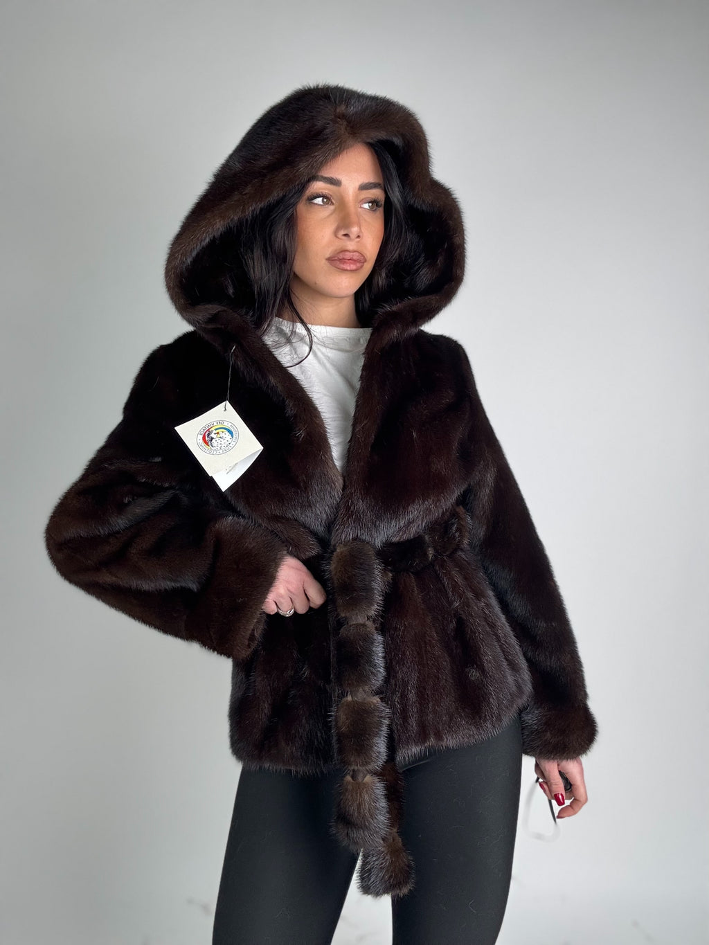 Mink vest with belt and hood
