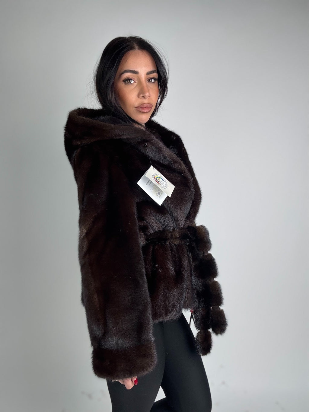 Mink vest with belt and hood
