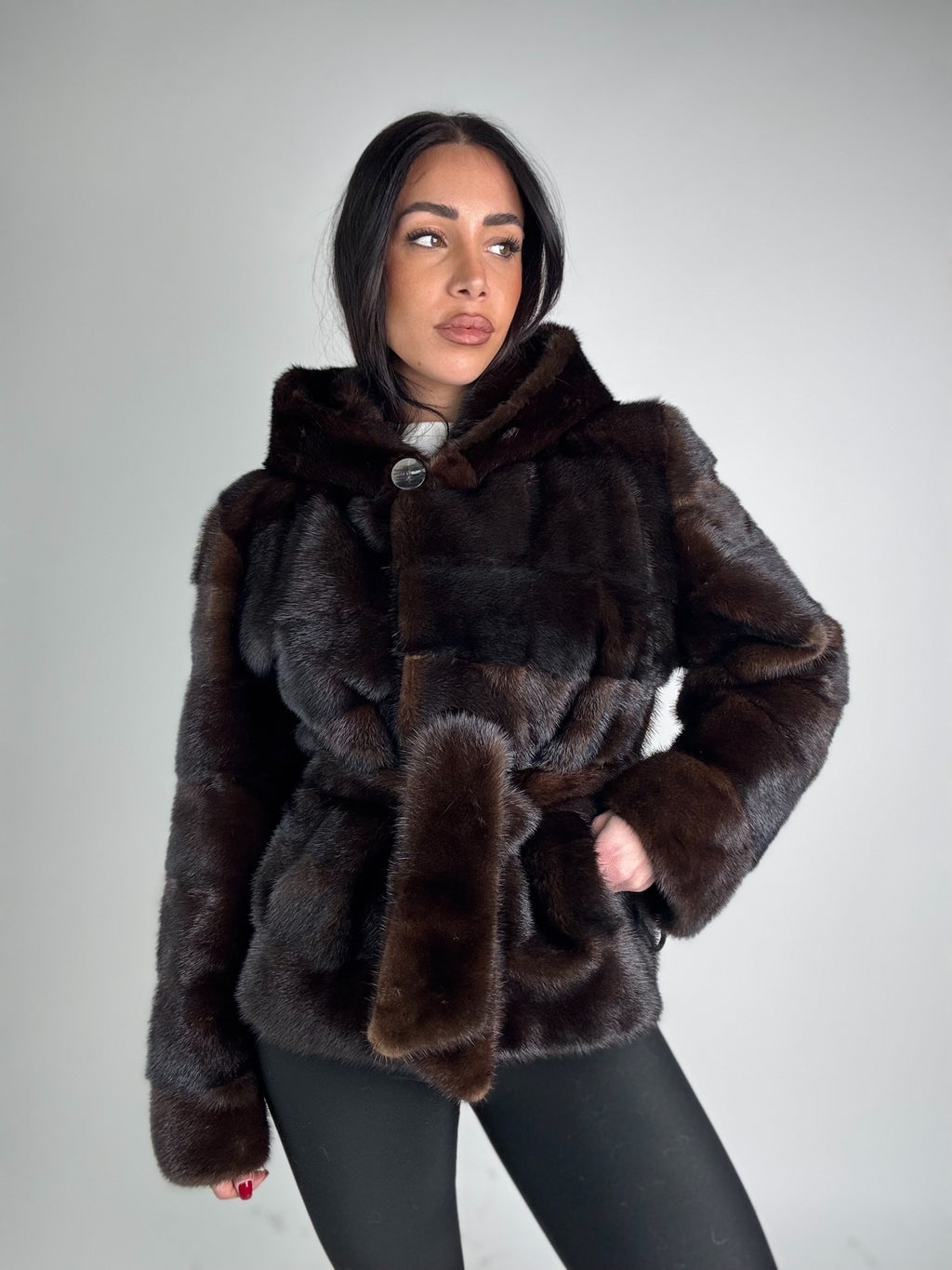 Mink jacket with belt and hood