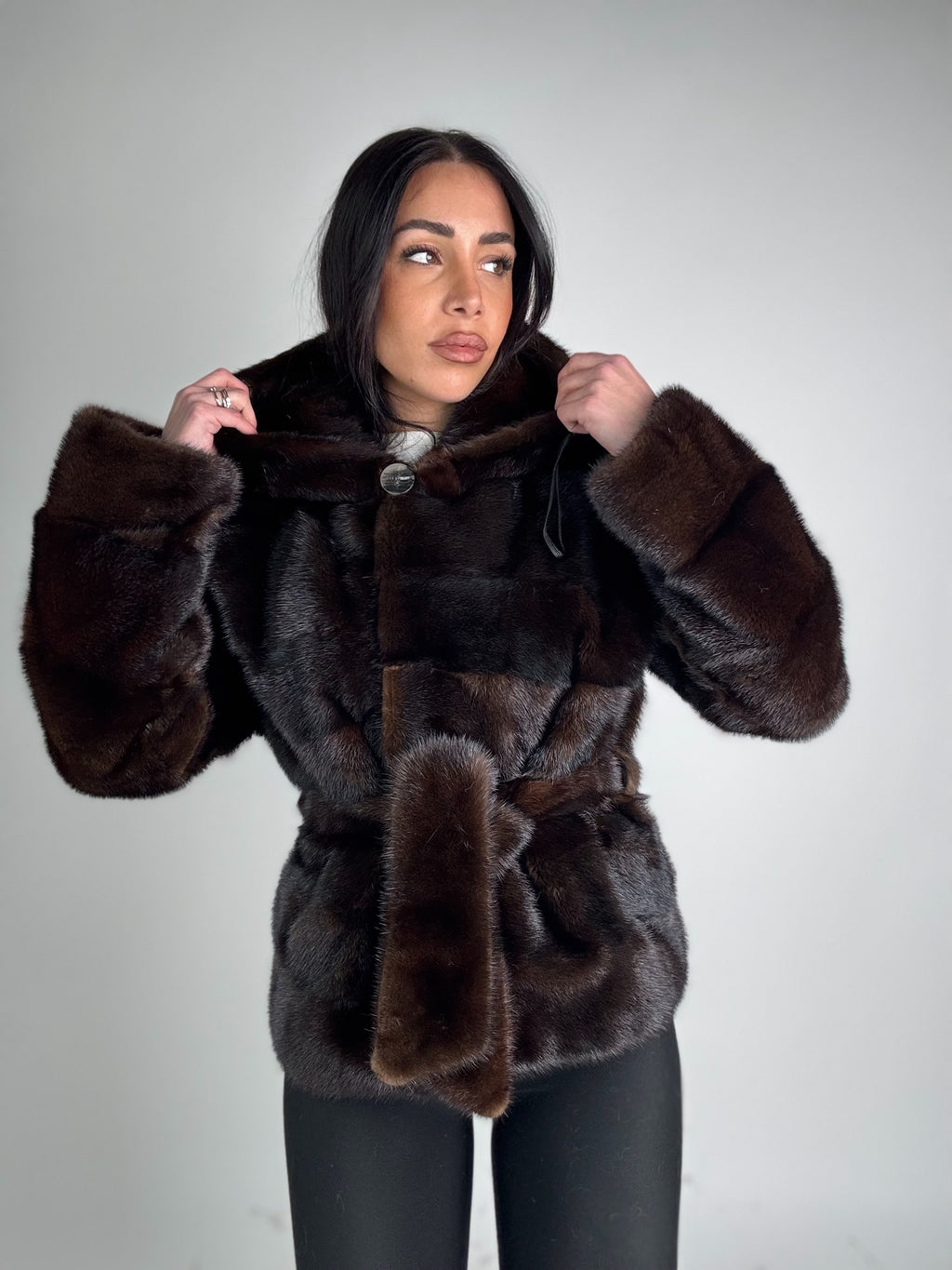 Mink jacket with belt and hood