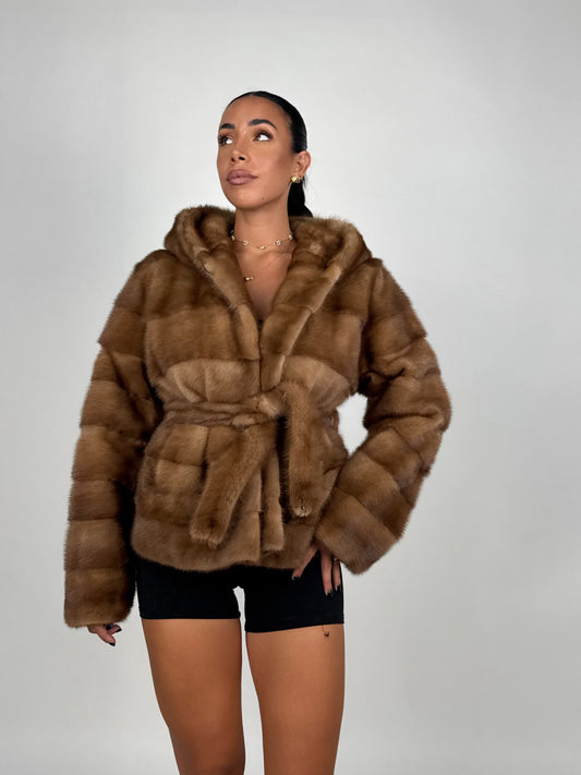 Mink jacket with belt and hood