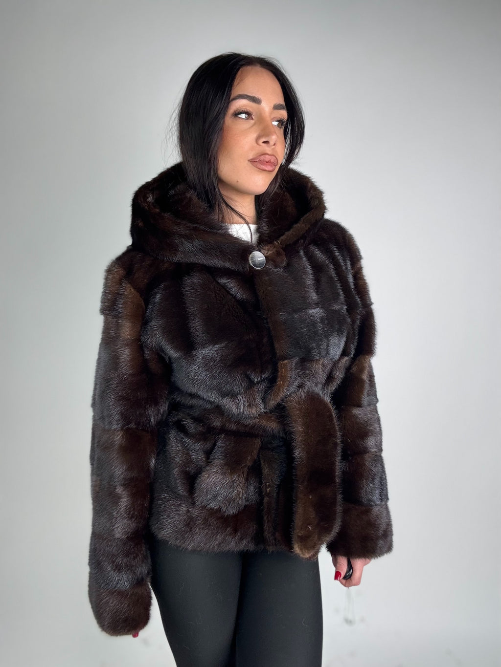 Mink jacket with belt and hood