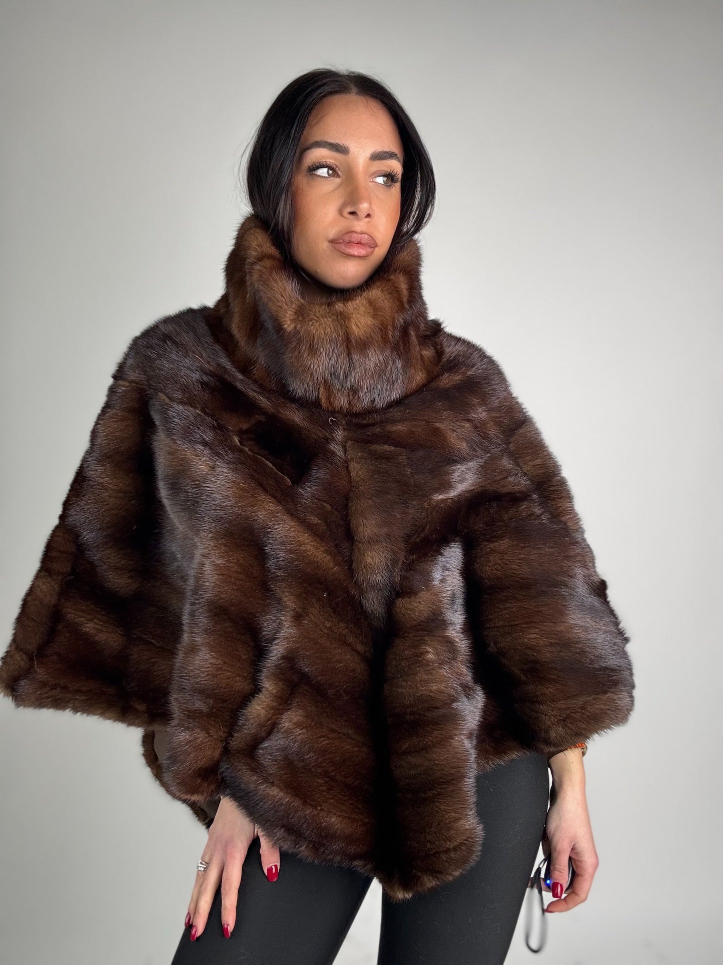 Mink jacket with belt and hood