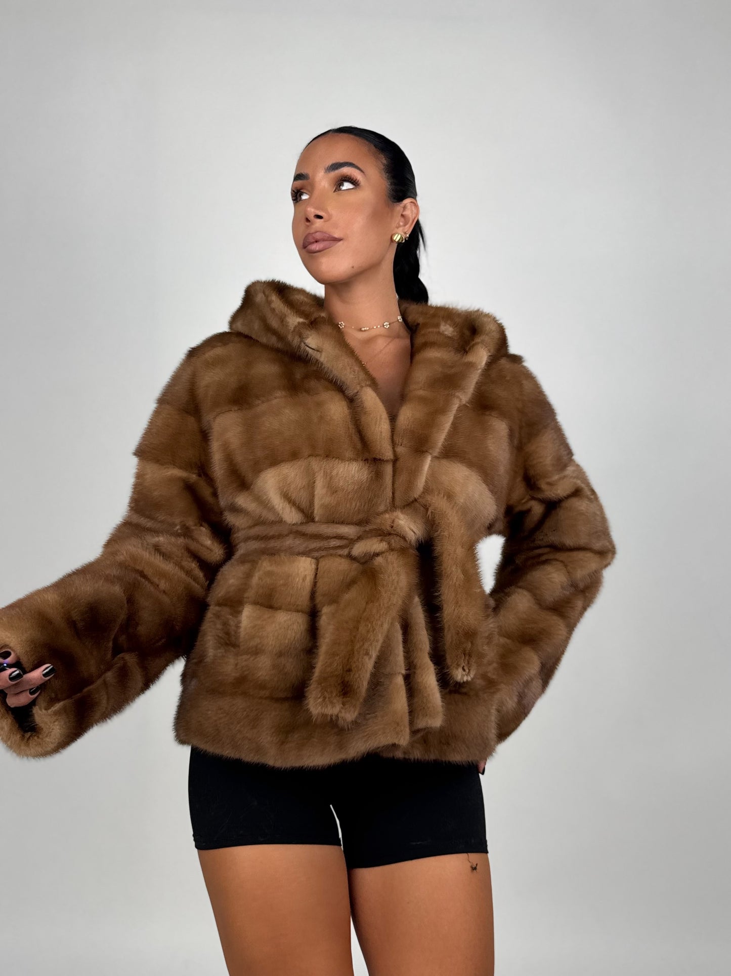 Mink jacket with belt and hood