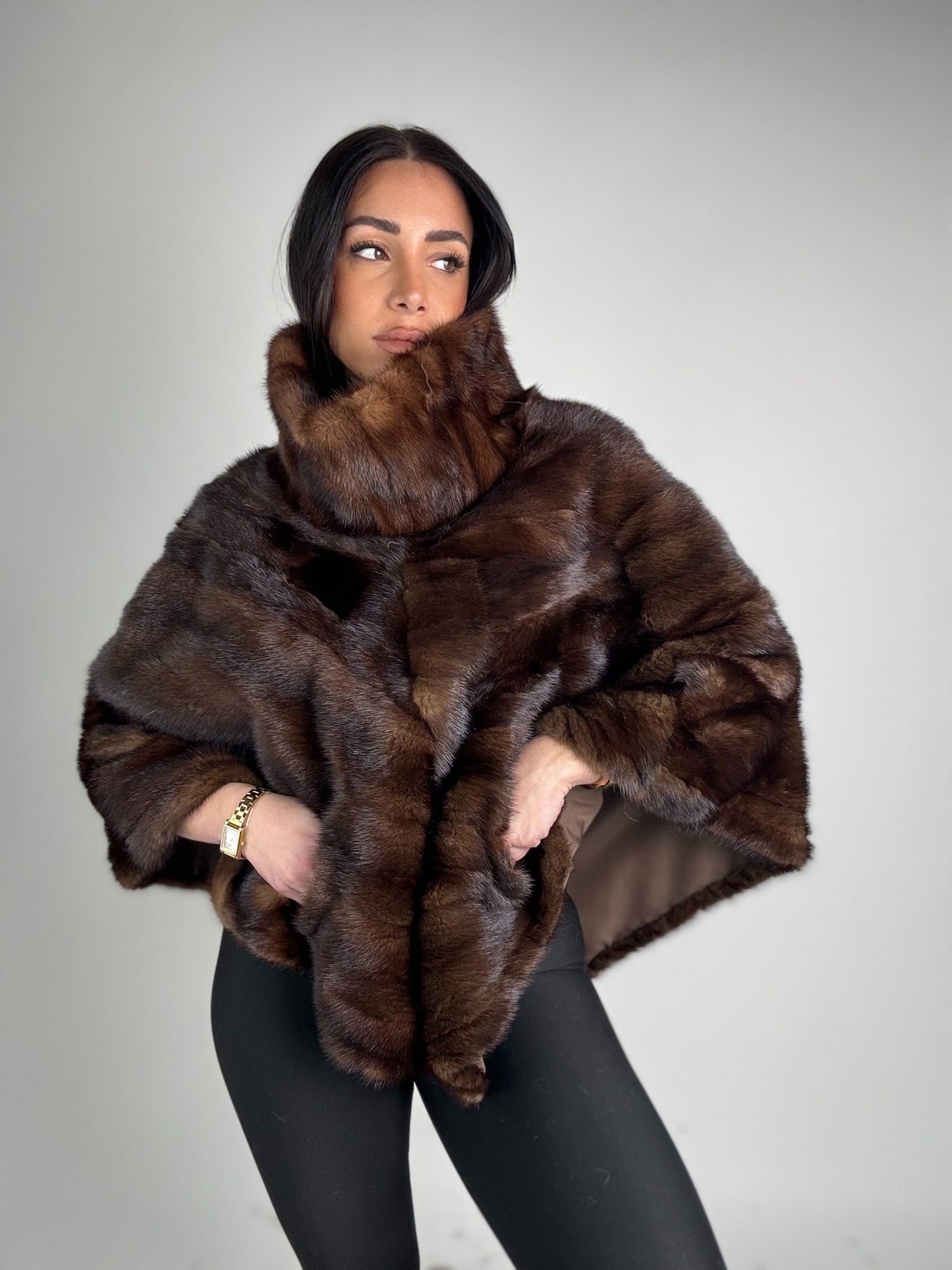Mink jacket with belt and hood