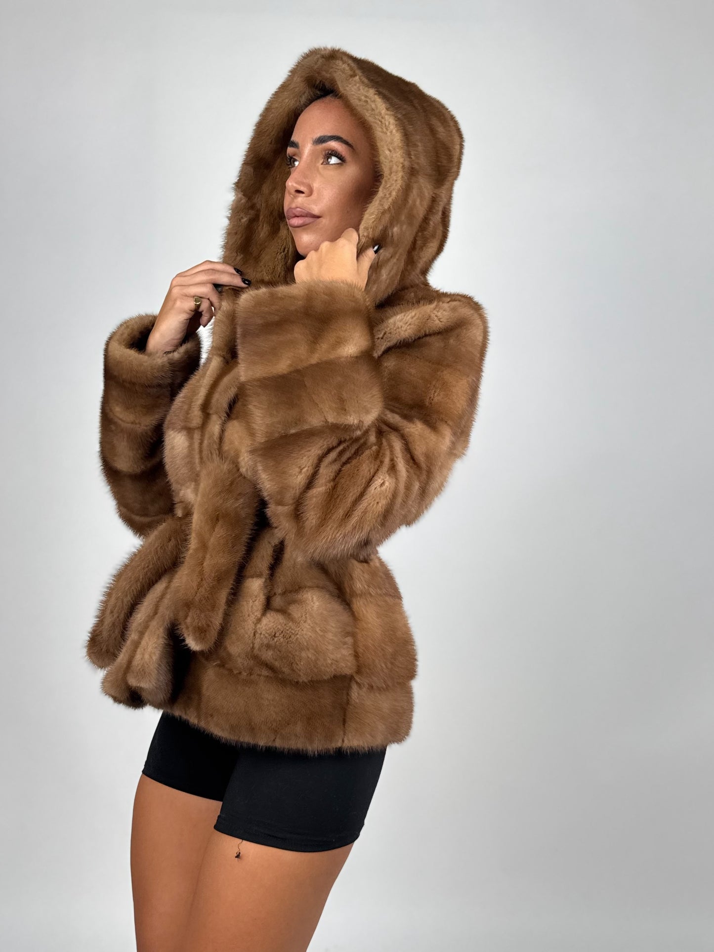 Mink jacket with belt and hood