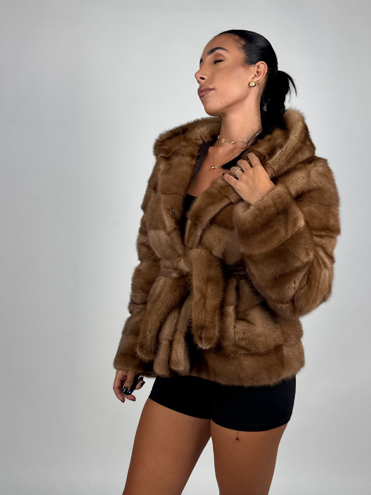 Mink jacket with belt and hood
