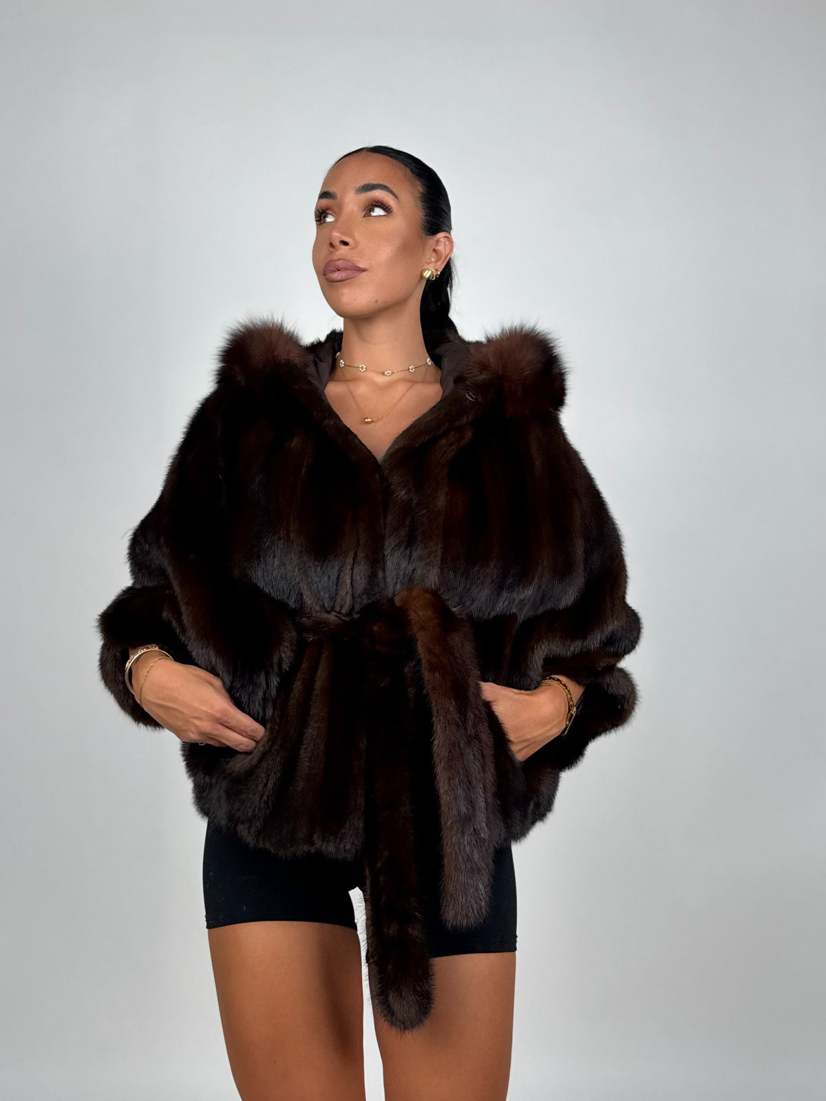 Mink jacket with belt and hood