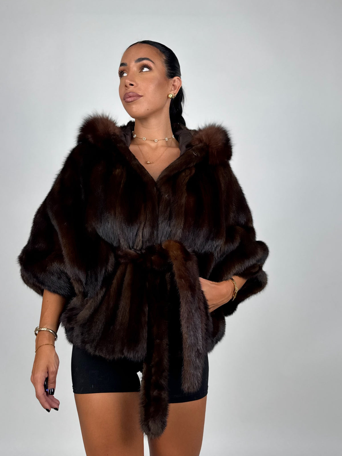 Mink jacket with belt and hood