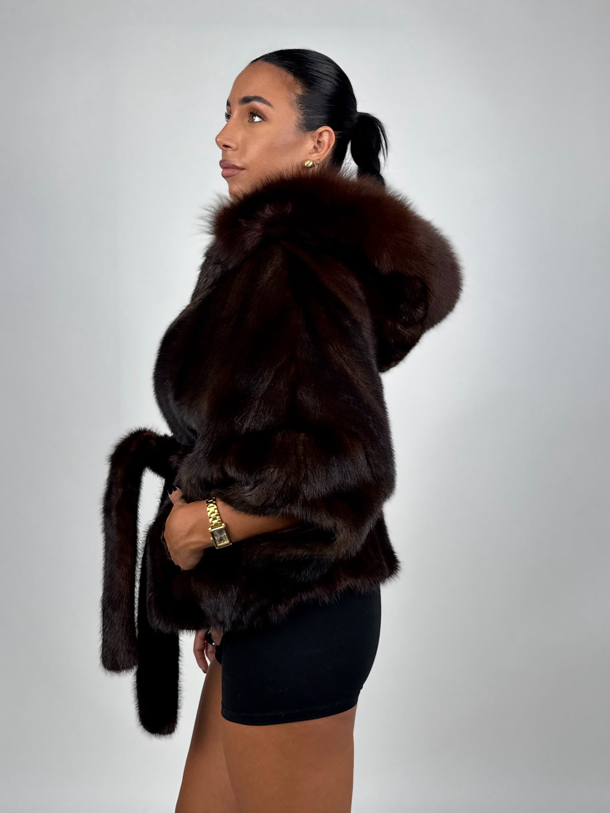 Mink jacket with belt and hood