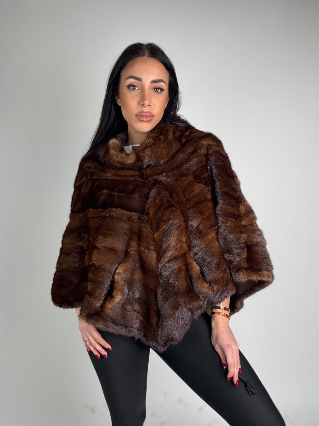 Mink jacket with belt and hood