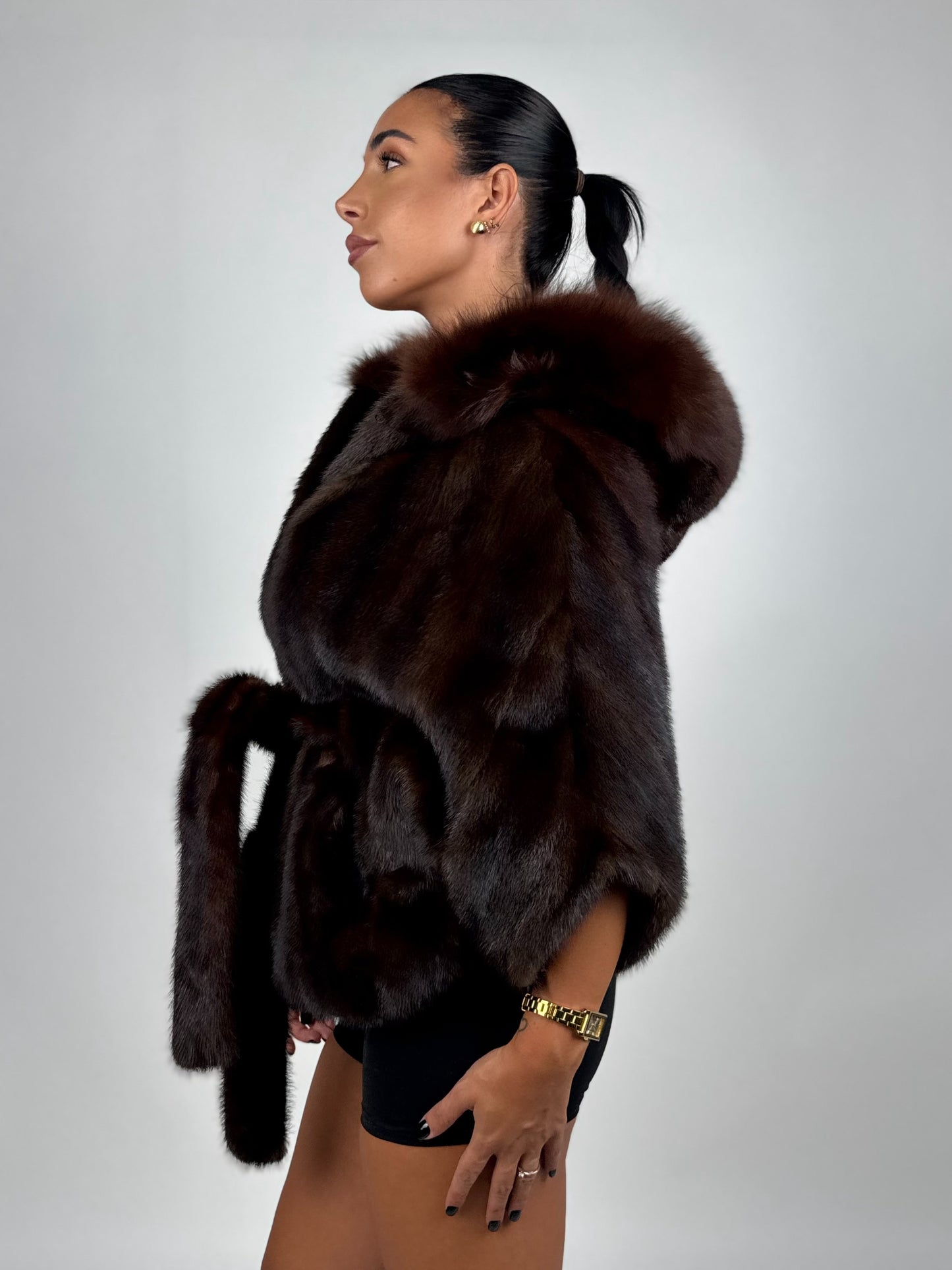 Mink jacket with belt and hood