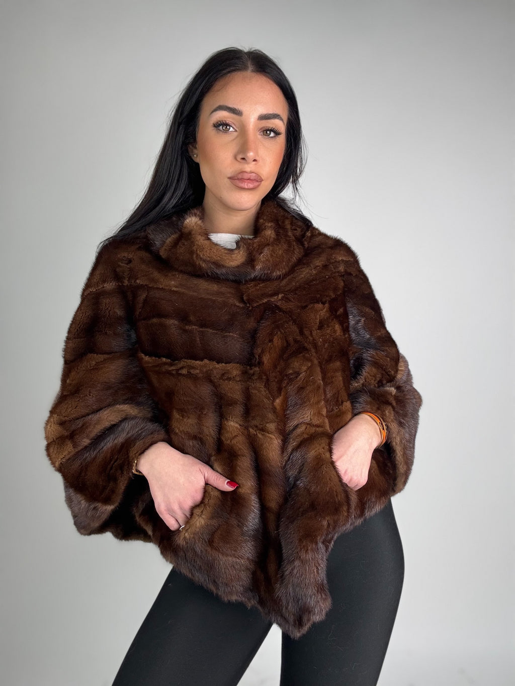 Mink jacket with belt and hood